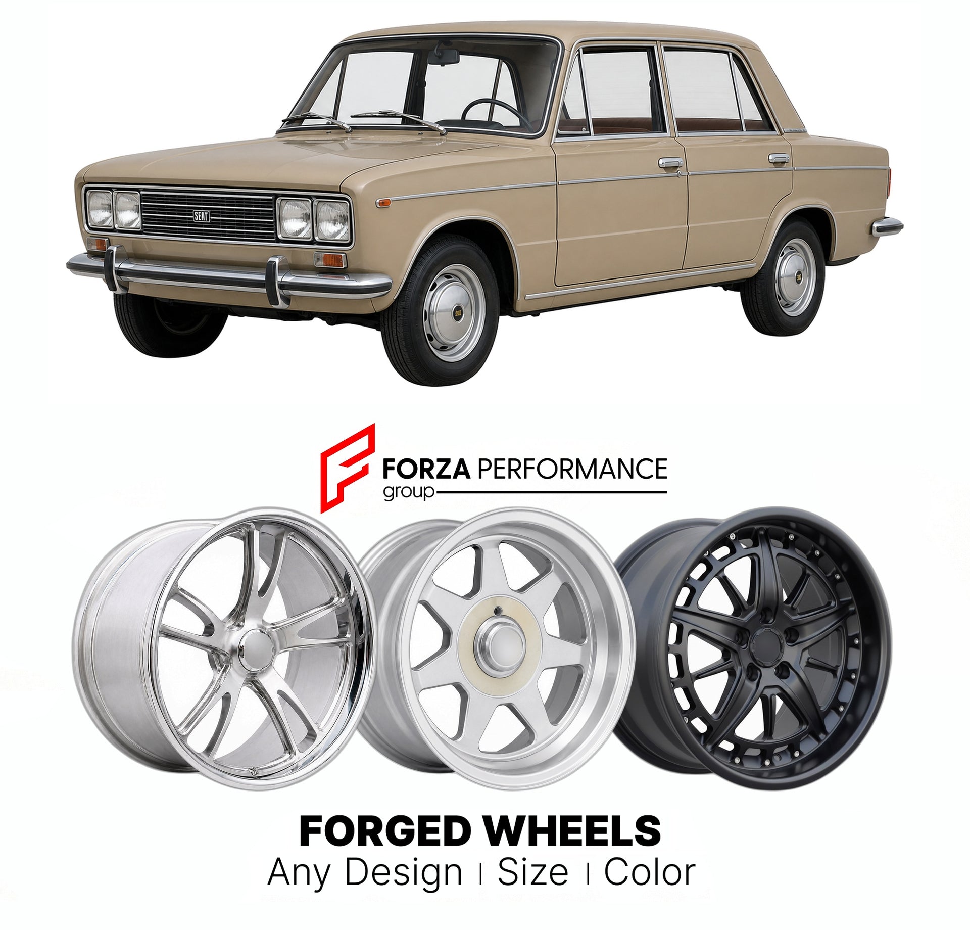 CUSTOM CLASSIC VINTAGE RESTOMOD RETRO OLD SCHOOL FORGED WHEELS RIMS for SEAT 1430 1969 - 1976

Custom forged wheels for SEAT 1430 1969 - 1976. Classic, vintage, restomod wheel designs made to order in custom sizes, offsets, colors and finishes.

We manufacture premium quality forged wheels rims for SEAT 1430 1969 - 1976 in any design, size, color.

THIS WHEEL DESIGN CAN BE CUSTOM-MADE FOR YOUR CAR IN ANY SIZE AND COLOR OPTIONS
Available in monoblock, 2-piece, 3-piece, duoblock, beadlock
3D wheel renderings 