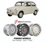 CUSTOM CLASSIC VINTAGE RESTOMOD RETRO OLD SCHOOL FORGED WHEELS RIMS for SEAT 600 1957 - 1973

Custom forged wheels for SEAT 600 1957 - 1973. Classic, vintage, restomod wheel designs made to order in custom sizes, offsets, colors and finishes.

We manufacture premium quality forged wheels rims for SEAT 600 1957 - 1973 in any design, size, color.

THIS WHEEL DESIGN CAN BE CUSTOM-MADE FOR YOUR CAR IN ANY SIZE AND COLOR OPTIONS
Available in monoblock, 2-piece, 3-piece, duoblock, beadlock
3D wheel renderings are