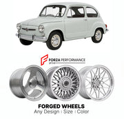CUSTOM CLASSIC VINTAGE RESTOMOD RETRO OLD SCHOOL FORGED WHEELS RIMS for SEAT 600 D/E/L 1963 - 1973

Custom forged wheels for SEAT 600 D/E/L 1963 - 1973. Classic, vintage, restomod wheel designs made to order in custom sizes, offsets, colors and finishes.

We manufacture premium quality forged wheels rims for SEAT 600 D/E/L 1963 - 1973 in any design, size, color.

THIS WHEEL DESIGN CAN BE CUSTOM-MADE FOR YOUR CAR IN ANY SIZE AND COLOR OPTIONS
Available in monoblock, 2-piece, 3-piece, duoblock, beadlock
3D wh
