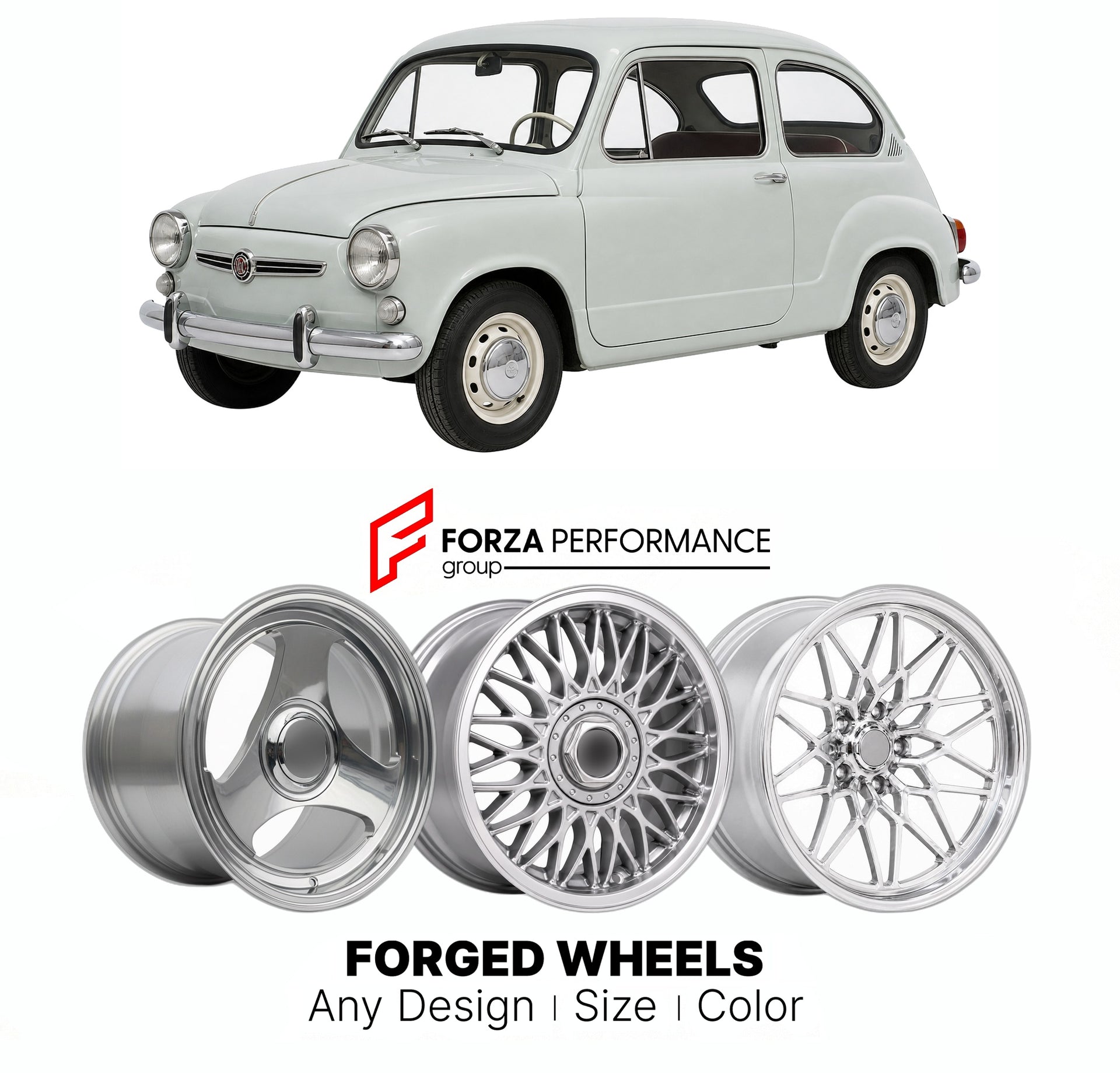 CUSTOM CLASSIC VINTAGE RESTOMOD RETRO OLD SCHOOL FORGED WHEELS RIMS for SEAT 600 D/E/L 1963 - 1973

Custom forged wheels for SEAT 600 D/E/L 1963 - 1973. Classic, vintage, restomod wheel designs made to order in custom sizes, offsets, colors and finishes.

We manufacture premium quality forged wheels rims for SEAT 600 D/E/L 1963 - 1973 in any design, size, color.

THIS WHEEL DESIGN CAN BE CUSTOM-MADE FOR YOUR CAR IN ANY SIZE AND COLOR OPTIONS
Available in monoblock, 2-piece, 3-piece, duoblock, beadlock
3D wh