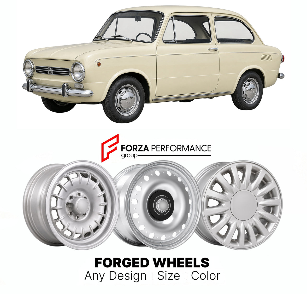 CUSTOM CLASSIC VINTAGE RESTOMOD RETRO OLD SCHOOL FORGED WHEELS RIMS for SEAT 850 1966 - 1974

Custom forged wheels for SEAT 850 1966 - 1974. Classic, vintage, restomod wheel designs made to order in custom sizes, offsets, colors and finishes.

We manufacture premium quality forged wheels rims for SEAT 850 1966 - 1974 in any design, size, color.

THIS WHEEL DESIGN CAN BE CUSTOM-MADE FOR YOUR CAR IN ANY SIZE AND COLOR OPTIONS
Available in monoblock, 2-piece, 3-piece, duoblock, beadlock
3D wheel renderings are