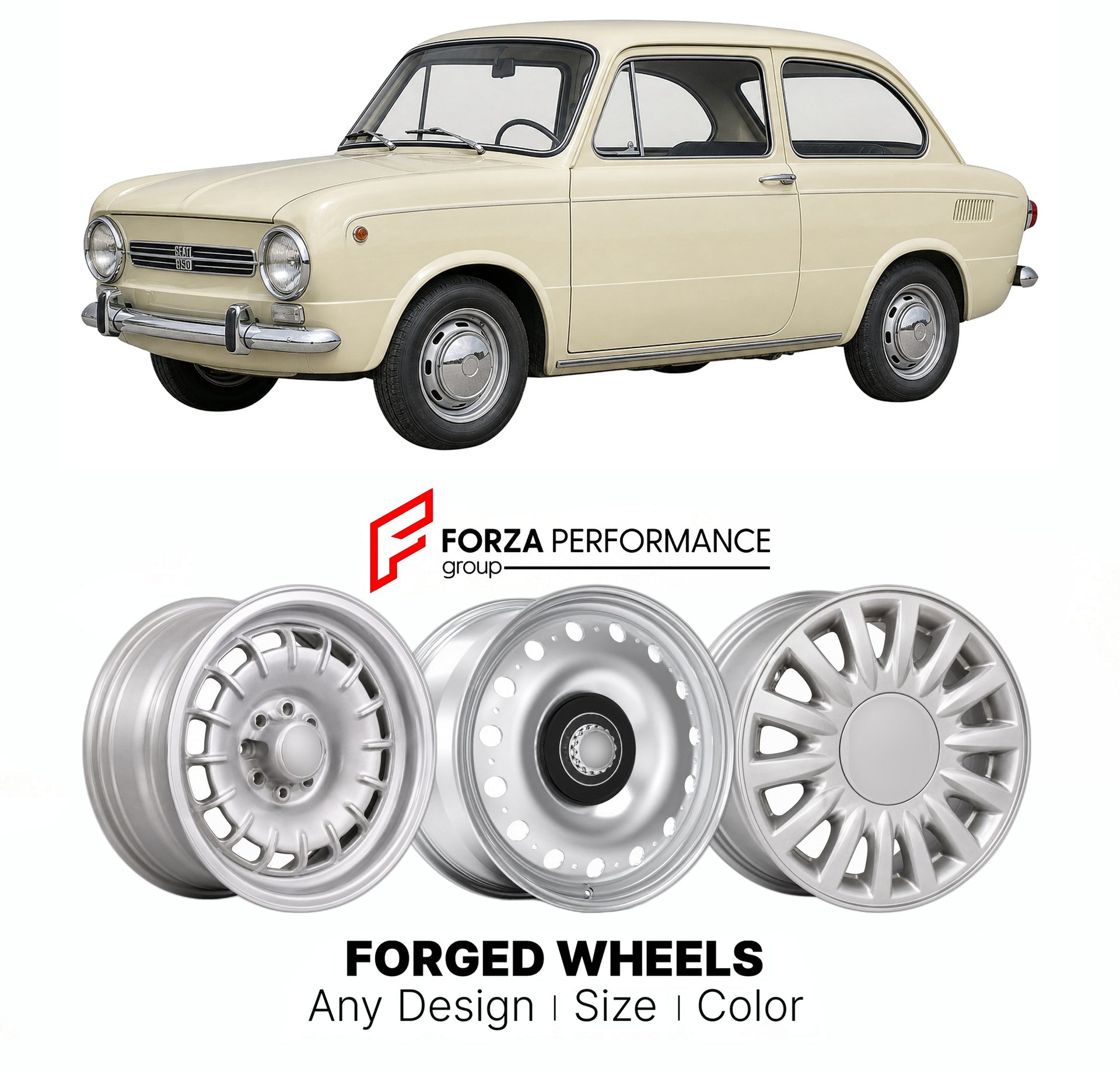 CUSTOM CLASSIC VINTAGE RESTOMOD RETRO OLD SCHOOL FORGED WHEELS RIMS for SEAT 850 1966 - 1974

Custom forged wheels for SEAT 850 1966 - 1974. Classic, vintage, restomod wheel designs made to order in custom sizes, offsets, colors and finishes.

We manufacture premium quality forged wheels rims for SEAT 850 1966 - 1974 in any design, size, color.

THIS WHEEL DESIGN CAN BE CUSTOM-MADE FOR YOUR CAR IN ANY SIZE AND COLOR OPTIONS
Available in monoblock, 2-piece, 3-piece, duoblock, beadlock
3D wheel renderings are