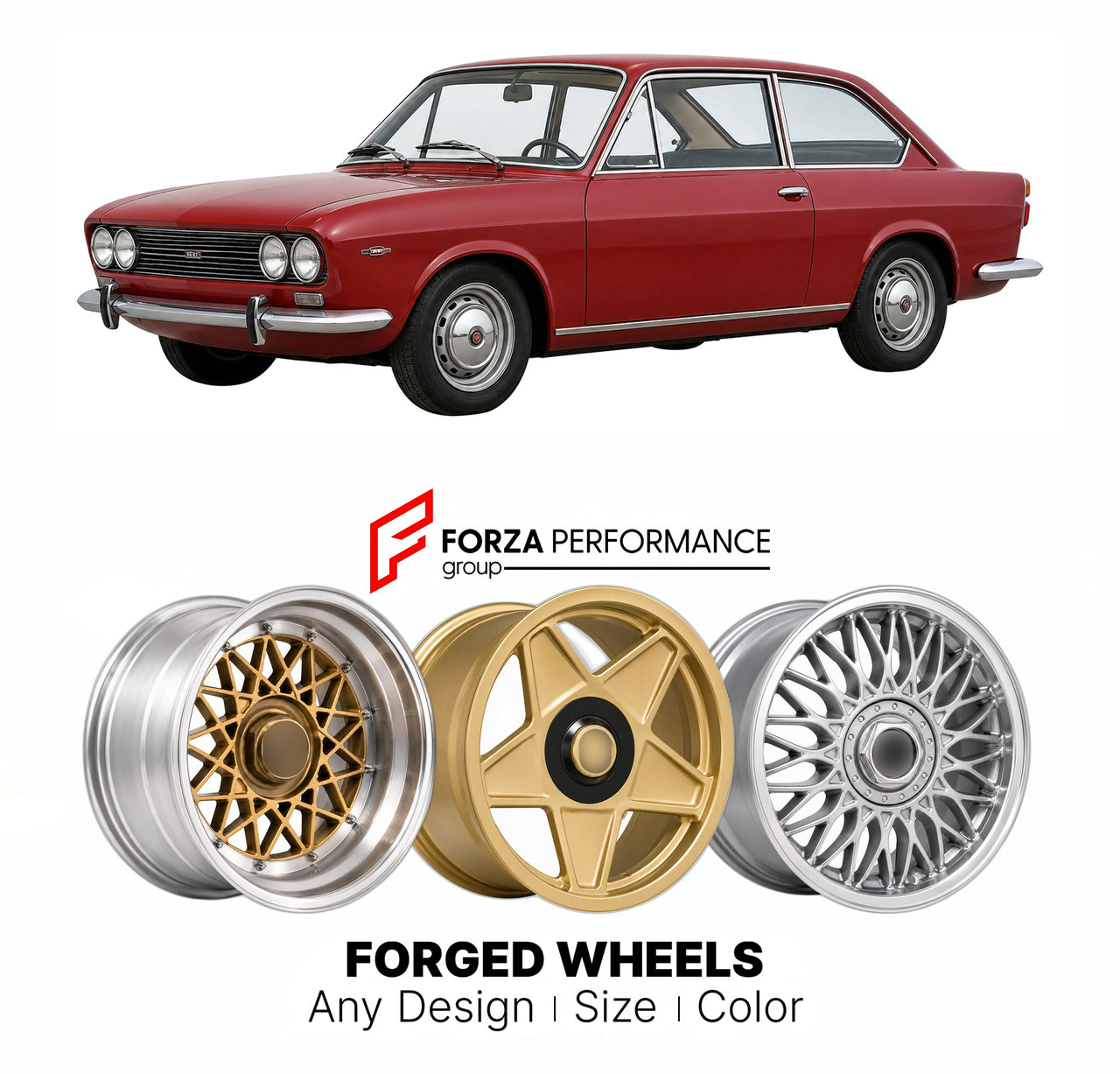 CUSTOM CLASSIC VINTAGE RESTOMOD RETRO OLD SCHOOL FORGED WHEELS RIMS for SEAT 850 SPORT COUPE 1967 - 1974

Custom forged wheels for SEAT 850 Sport Coupe 1967 - 1974. Classic, vintage, restomod wheel designs made to order in custom sizes, offsets, colors and finishes.

We manufacture premium quality forged wheels rims for SEAT 850 Sport Coupe 1967 - 1974 in any design, size, color.

THIS WHEEL DESIGN CAN BE CUSTOM-MADE FOR YOUR CAR IN ANY SIZE AND COLOR OPTIONS
Available in monoblock, 2-piece, 3-piece, duoblo