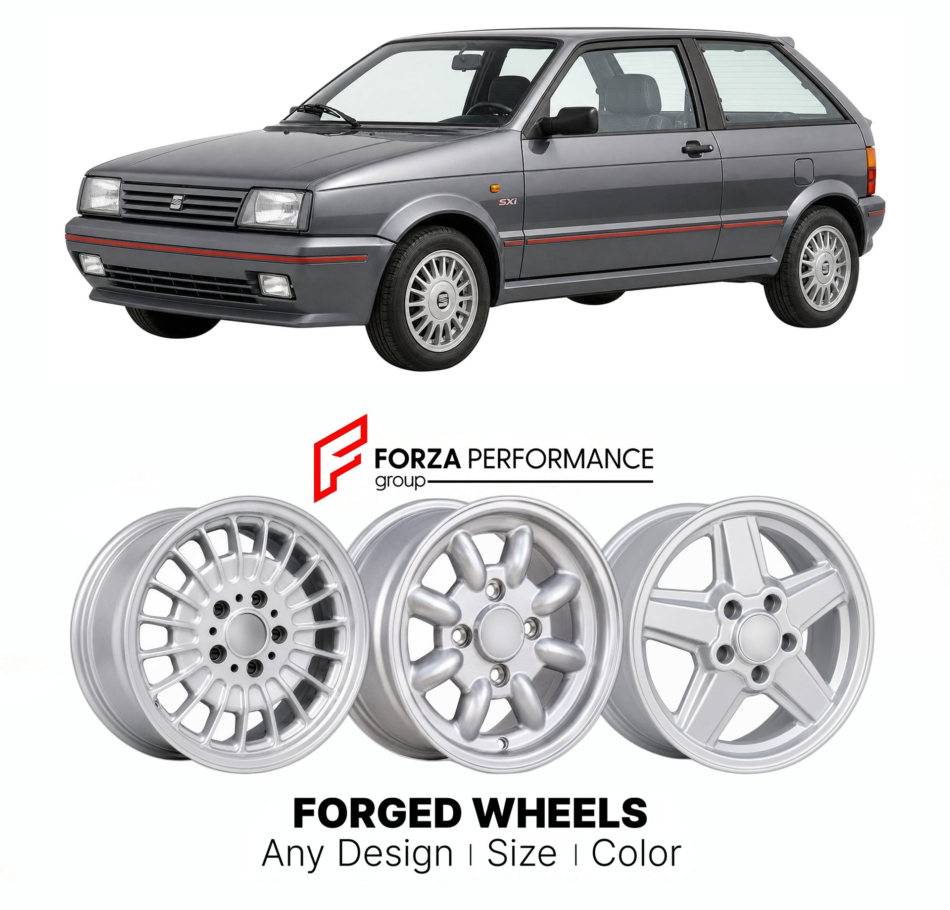 CUSTOM CLASSIC VINTAGE RESTOMOD RETRO OLD SCHOOL FORGED WHEELS RIMS for SEAT IBIZA SXI MK 1 SXI 1988 - 1993

Custom forged wheels for SEAT Ibiza SXI MK 1 SXI 1988 - 1993. Classic, vintage, restomod wheel designs made to order in custom sizes, offsets, colors and finishes.

We manufacture premium quality forged wheels rims for SEAT Ibiza SXI MK 1 SXI 1988 - 1993 in any design, size, color.

THIS WHEEL DESIGN CAN BE CUSTOM-MADE FOR YOUR CAR IN ANY SIZE AND COLOR OPTIONS
Available in monoblock, 2-piece, 3-piec