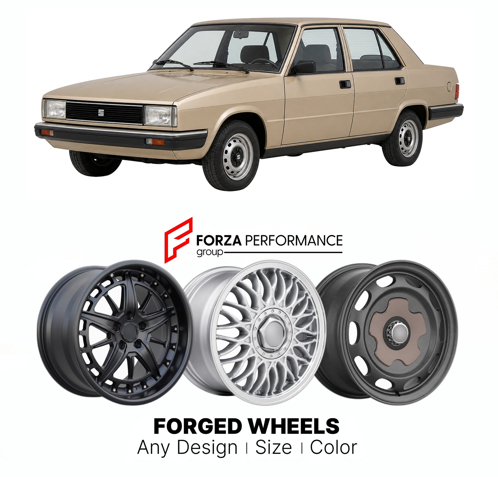 CUSTOM CLASSIC VINTAGE RESTOMOD RETRO OLD SCHOOL FORGED WHEELS RIMS for SEAT MALAGA 1985 - 1992

Custom forged wheels for SEAT Malaga 1985 - 1992. Classic, vintage, restomod wheel designs made to order in custom sizes, offsets, colors and finishes.

We manufacture premium quality forged wheels rims for SEAT Malaga 1985 - 1992 in any design, size, color.

THIS WHEEL DESIGN CAN BE CUSTOM-MADE FOR YOUR CAR IN ANY SIZE AND COLOR OPTIONS
Available in monoblock, 2-piece, 3-piece, duoblock, beadlock
3D wheel rende