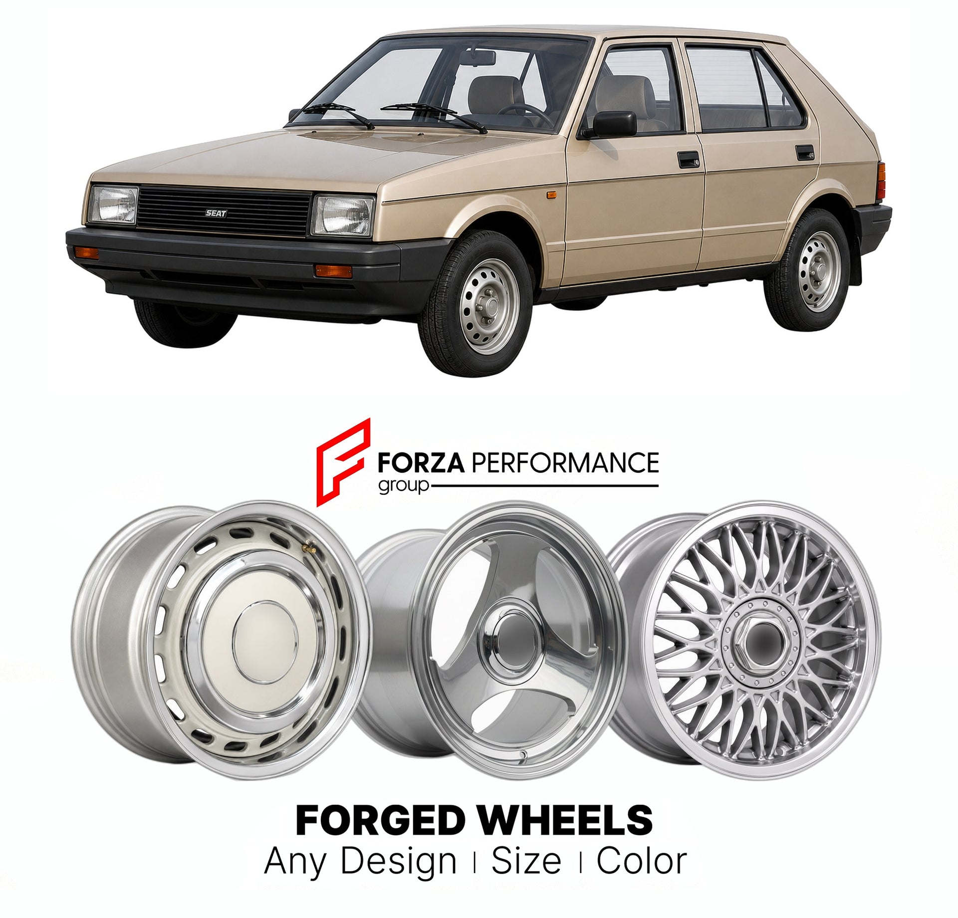 CUSTOM CLASSIC VINTAGE RESTOMOD RETRO OLD SCHOOL FORGED WHEELS RIMS for SEAT RONDA 1982 - 1986

Custom forged wheels for SEAT Ronda 1982 - 1986. Classic, vintage, restomod wheel designs made to order in custom sizes, offsets, colors and finishes.

We manufacture premium quality forged wheels rims for SEAT Ronda 1982 - 1986 in any design, size, color.

THIS WHEEL DESIGN CAN BE CUSTOM-MADE FOR YOUR CAR IN ANY SIZE AND COLOR OPTIONS
Available in monoblock, 2-piece, 3-piece, duoblock, beadlock
3D wheel renderin