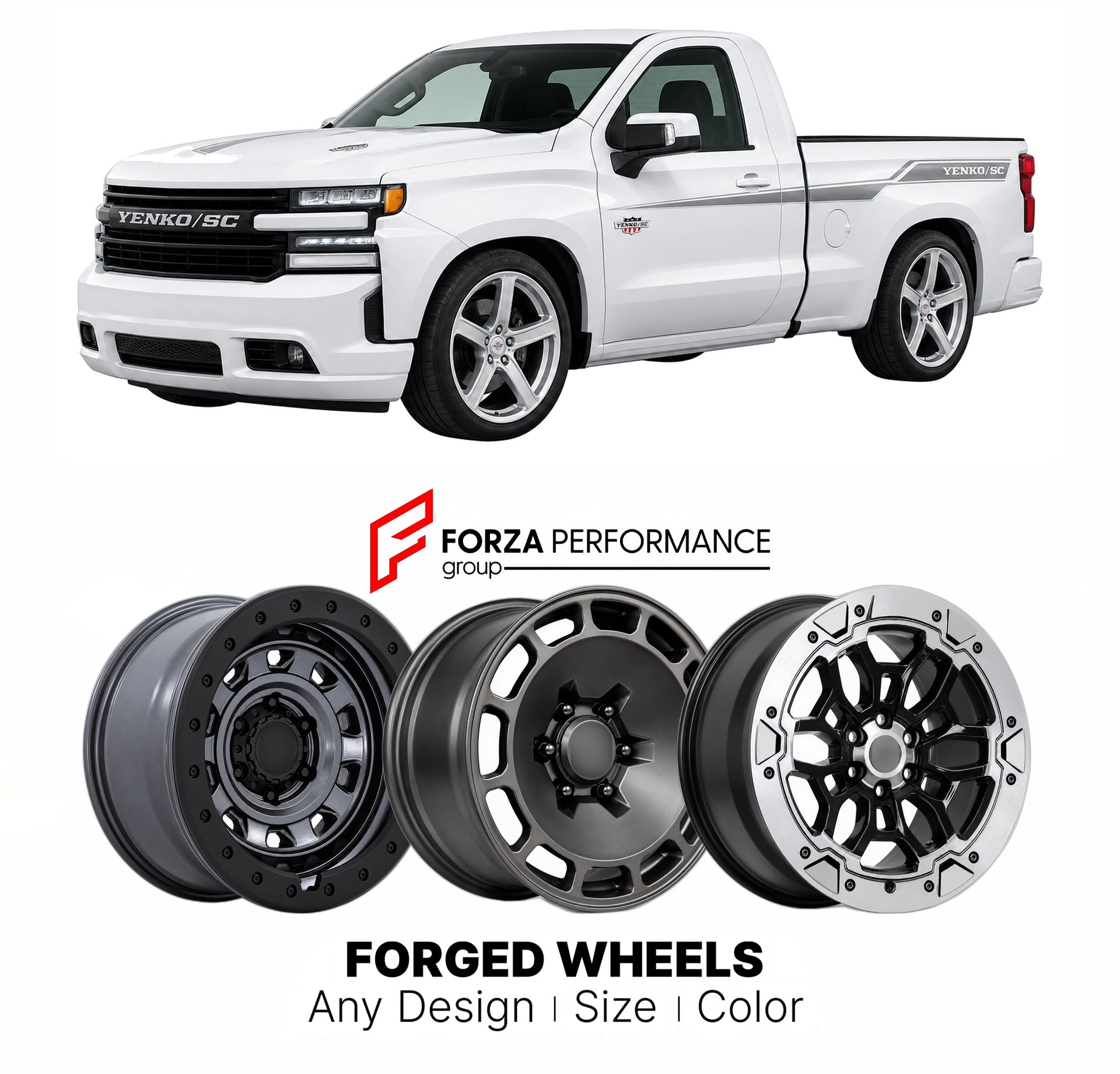 FORGED WHEELS RIMS for SVE YENKO SC SILVERADO SPECIALTY VEHICLE ENGINEERING PACKAGE 2018+

Custom forged wheels for SVE Yenko SC Silverado Specialty Vehicle Engineering Package 2018+. Made-to-order monoblock, 2-piece and 3-piece rims in custom sizes, offsets, colors and finishes with guaranteed fitment.

We manufacture premium quality forged wheels rims for SVE Yenko SC Silverado Specialty Vehicle Engineering Package 2018+ in any design, size, color.

THIS WHEEL DESIGN CAN BE CUSTOM-MADE FOR YOUR CAR IN ANY