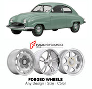 CUSTOM CLASSIC VINTAGE RESTOMOD RETRO OLD SCHOOL FORGED WHEELS RIMS for SAAB 93 1955 - 1960

Custom forged wheels for Saab 93 1955 - 1960. Classic, vintage, restomod wheel designs made to order in custom sizes, offsets, colors and finishes.

We manufacture premium quality forged wheels rims for Saab 93 1955 - 1960 in any design, size, color.

THIS WHEEL DESIGN CAN BE CUSTOM-MADE FOR YOUR CAR IN ANY SIZE AND COLOR OPTIONS
Available in monoblock, 2-piece, 3-piece, duoblock, beadlock
3D wheel renderings are pr
