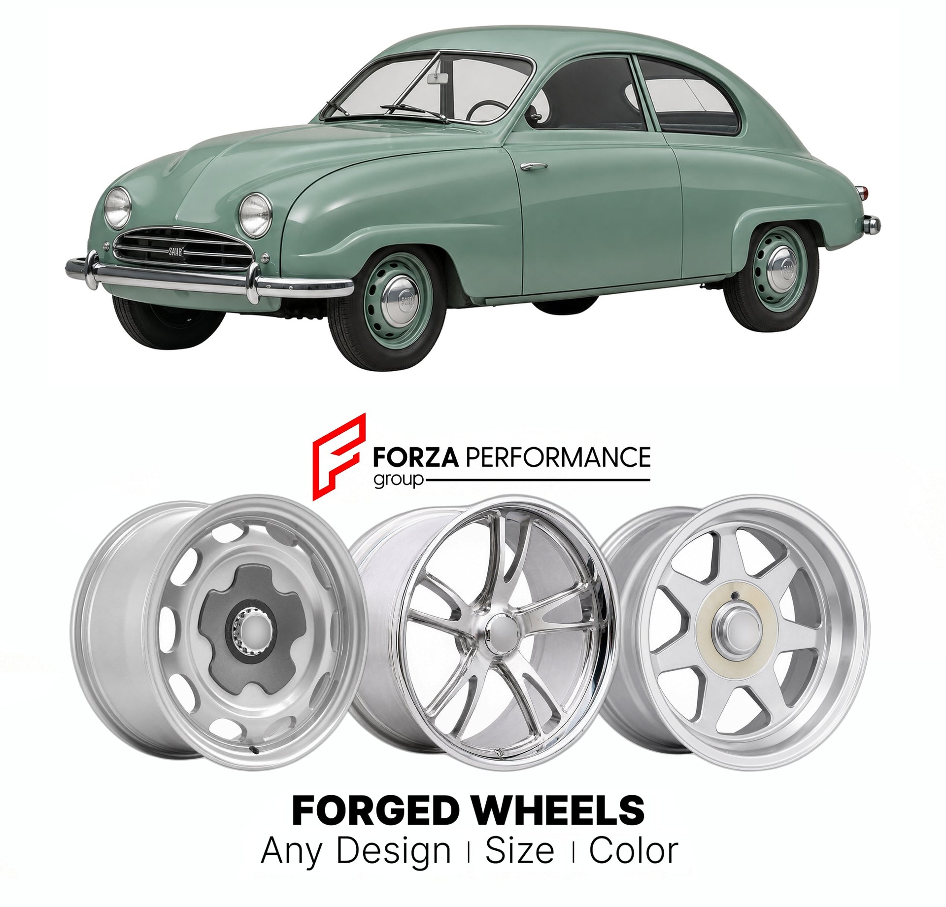 CUSTOM CLASSIC VINTAGE RESTOMOD RETRO OLD SCHOOL FORGED WHEELS RIMS for SAAB 93 1955 - 1960

Custom forged wheels for Saab 93 1955 - 1960. Classic, vintage, restomod wheel designs made to order in custom sizes, offsets, colors and finishes.

We manufacture premium quality forged wheels rims for Saab 93 1955 - 1960 in any design, size, color.

THIS WHEEL DESIGN CAN BE CUSTOM-MADE FOR YOUR CAR IN ANY SIZE AND COLOR OPTIONS
Available in monoblock, 2-piece, 3-piece, duoblock, beadlock
3D wheel renderings are pr