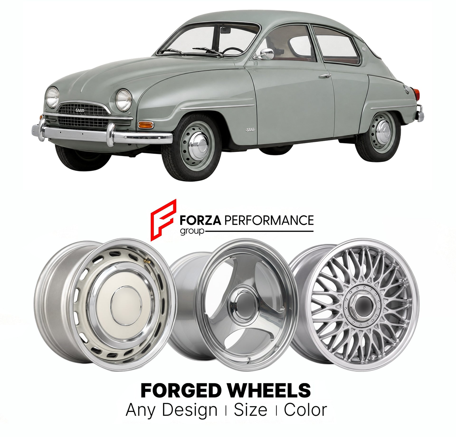 CUSTOM CLASSIC VINTAGE RESTOMOD RETRO OLD SCHOOL FORGED WHEELS RIMS for SAAB 96 1960 - 1980

Custom forged wheels for Saab 96 1960 - 1980. Classic, vintage, restomod wheel designs made to order in custom sizes, offsets, colors and finishes.

We manufacture premium quality forged wheels rims for Saab 96 1960 - 1980 in any design, size, color.

THIS WHEEL DESIGN CAN BE CUSTOM-MADE FOR YOUR CAR IN ANY SIZE AND COLOR OPTIONS
Available in monoblock, 2-piece, 3-piece, duoblock, beadlock
3D wheel renderings are pr