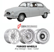 CUSTOM CLASSIC VINTAGE RESTOMOD RETRO OLD SCHOOL FORGED WHEELS RIMS for SAAB 96 TWO STROKE V4 1960 - 1980

Custom forged wheels for Saab 96 Two Stroke V4 1960 - 1980. Classic, vintage, restomod wheel designs made to order in custom sizes, offsets, colors and finishes.

We manufacture premium quality forged wheels rims for Saab 96 Two Stroke V4 1960 - 1980 in any design, size, color.

THIS WHEEL DESIGN CAN BE CUSTOM-MADE FOR YOUR CAR IN ANY SIZE AND COLOR OPTIONS
Available in monoblock, 2-piece, 3-piece, duo