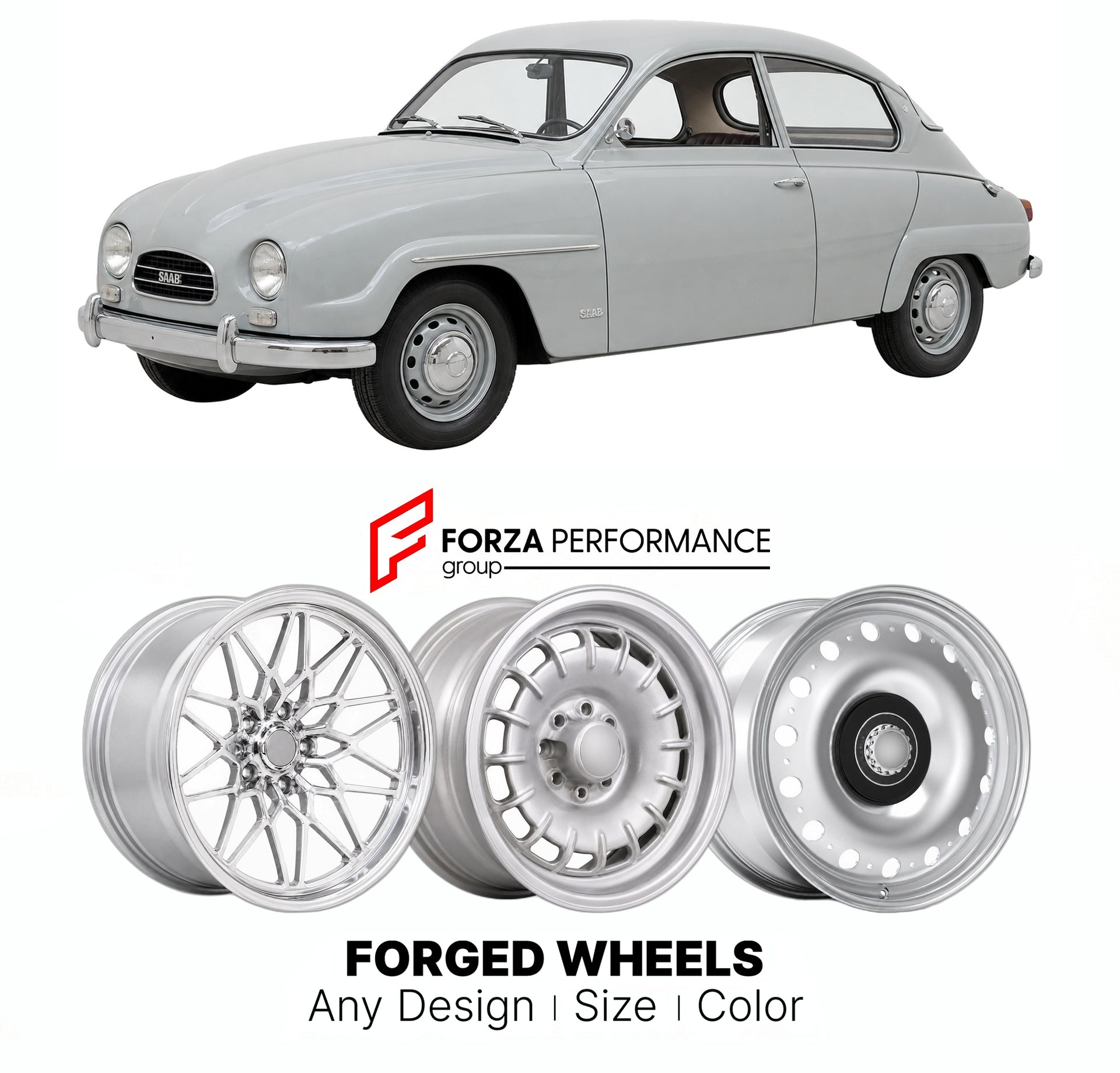 CUSTOM CLASSIC VINTAGE RESTOMOD RETRO OLD SCHOOL FORGED WHEELS RIMS for SAAB 96 TWO STROKE V4 1960 - 1980

Custom forged wheels for Saab 96 Two Stroke V4 1960 - 1980. Classic, vintage, restomod wheel designs made to order in custom sizes, offsets, colors and finishes.

We manufacture premium quality forged wheels rims for Saab 96 Two Stroke V4 1960 - 1980 in any design, size, color.

THIS WHEEL DESIGN CAN BE CUSTOM-MADE FOR YOUR CAR IN ANY SIZE AND COLOR OPTIONS
Available in monoblock, 2-piece, 3-piece, duo