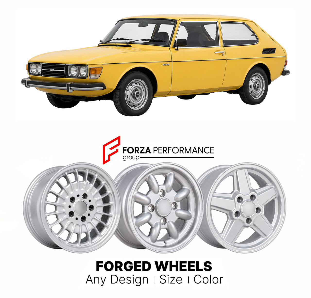 CUSTOM CLASSIC VINTAGE RESTOMOD RETRO OLD SCHOOL FORGED WHEELS RIMS for SAAB 99 COMBI COUPE 1974 - 1980

Custom forged wheels for Saab 99 Combi Coupe 1974 - 1980. Classic, vintage, restomod wheel designs made to order in custom sizes, offsets, colors and finishes.

We manufacture premium quality forged wheels rims for Saab 99 Combi Coupe 1974 - 1980 in any design, size, color.

THIS WHEEL DESIGN CAN BE CUSTOM-MADE FOR YOUR CAR IN ANY SIZE AND COLOR OPTIONS
Available in monoblock, 2-piece, 3-piece, duoblock,