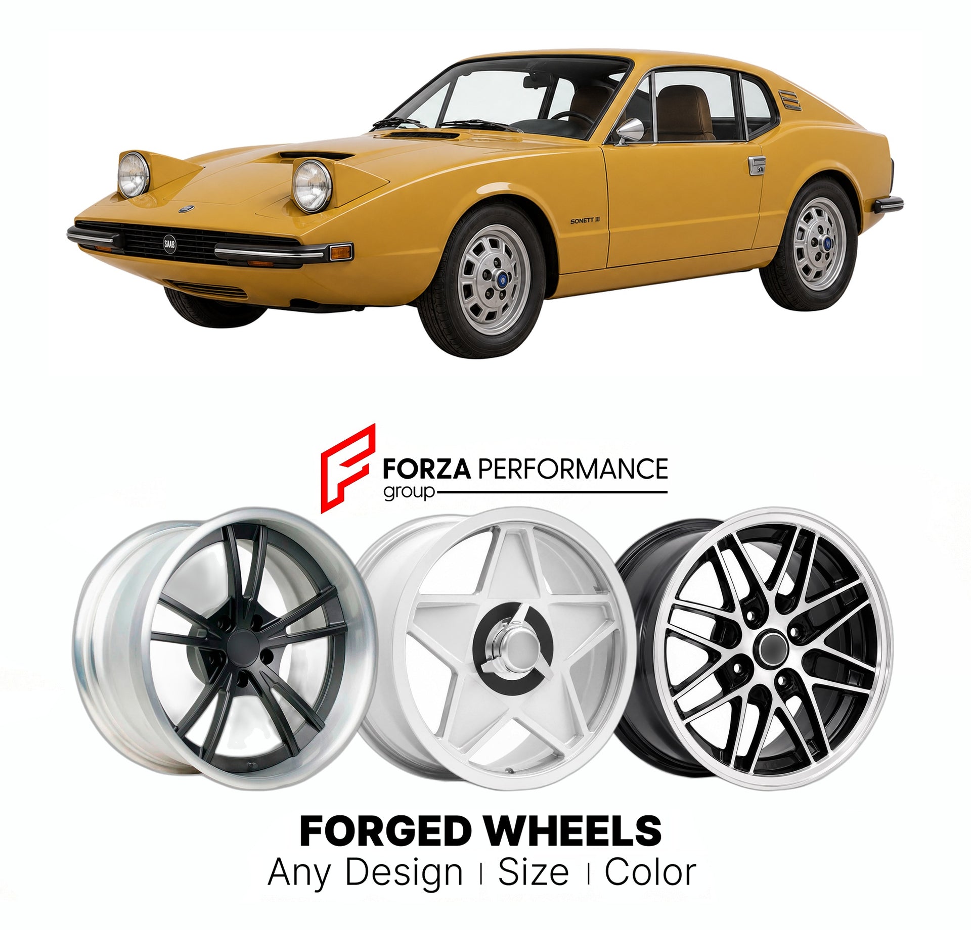 CUSTOM CLASSIC VINTAGE RESTOMOD RETRO OLD SCHOOL FORGED WHEELS RIMS for SAAB SONETT III 1970 - 1974

Custom forged wheels for Saab Sonett III 1970 - 1974. Classic, vintage, restomod wheel designs made to order in custom sizes, offsets, colors and finishes.

We manufacture premium quality forged wheels rims for Saab Sonett III 1970 - 1974 in any design, size, color.

THIS WHEEL DESIGN CAN BE CUSTOM-MADE FOR YOUR CAR IN ANY SIZE AND COLOR OPTIONS
Available in monoblock, 2-piece, 3-piece, duoblock, beadlock
3D