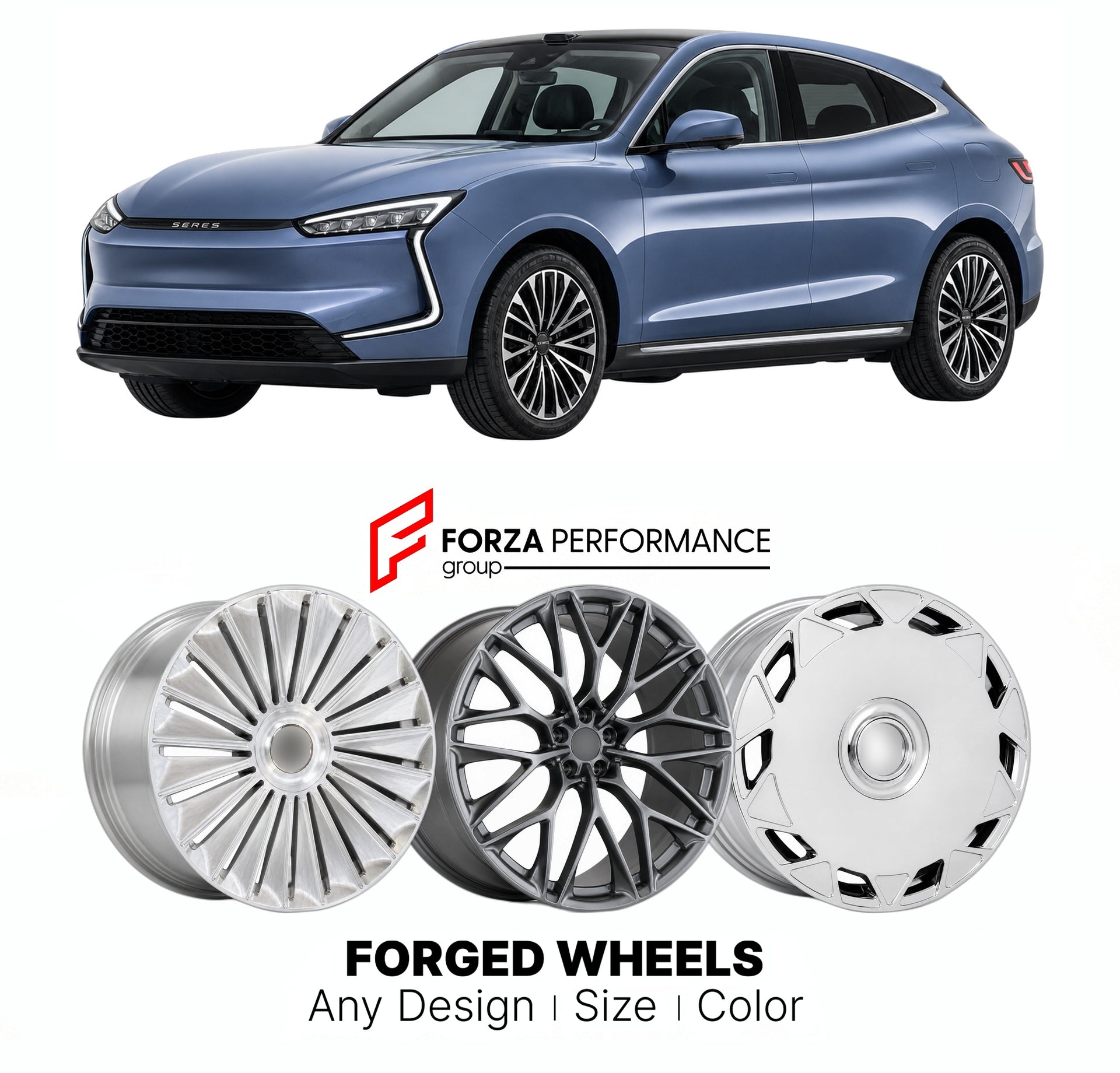 Custom forged wheels for  Seres 5 2023+. Made-to-order monoblock, 2-piece and 3-piece wheels in custom sizes, offsets, colors and finishes with guaranteed vehicle fitment.

We manufacture premium quality forged wheels rims for Seres 5 2023+ in any design, size, color.

THIS WHEEL DESIGN CAN BE CUSTOM-MADE FOR YOUR CAR IN ANY SIZE AND COLOR OPTIONS
Available in monoblock, 2-piece, 3-piece, duoblock, beadlock
3D wheel renderings are provided according to the exact dimensions and specifications requested by th