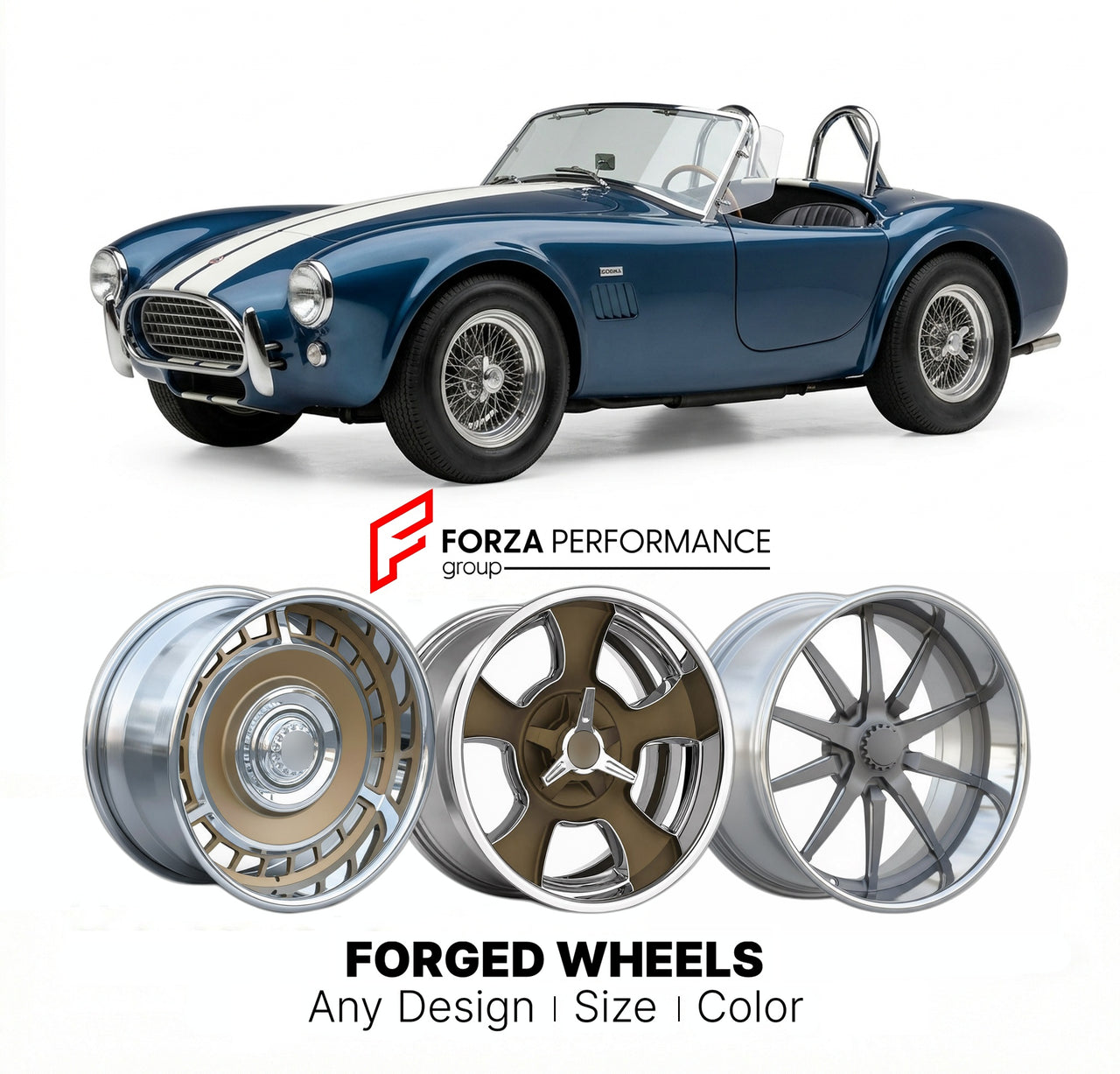 CUSTOM CLASSIC VINTAGE RESTOMOD RETRO OLD SCHOOL FORGED WHEELS RIMS for SHELBY AC COBRA 1962 - 1967
Custom forged wheels for classic American muscle cars. Ideal for restomod builds, vintage restorations, and show cars. Deep dish and retro styling available.

We manufacture premium quality forged wheels rims for Shelby AC Cobra 1962 - 1967 in any design, size, color.

THIS WHEEL DESIGN CAN BE CUSTOM-MADE FOR YOUR CAR IN ANY SIZE AND COLOR OPTIONS
Available in monoblock, 2-piece, 3-piece, duoblock, beadlock
3