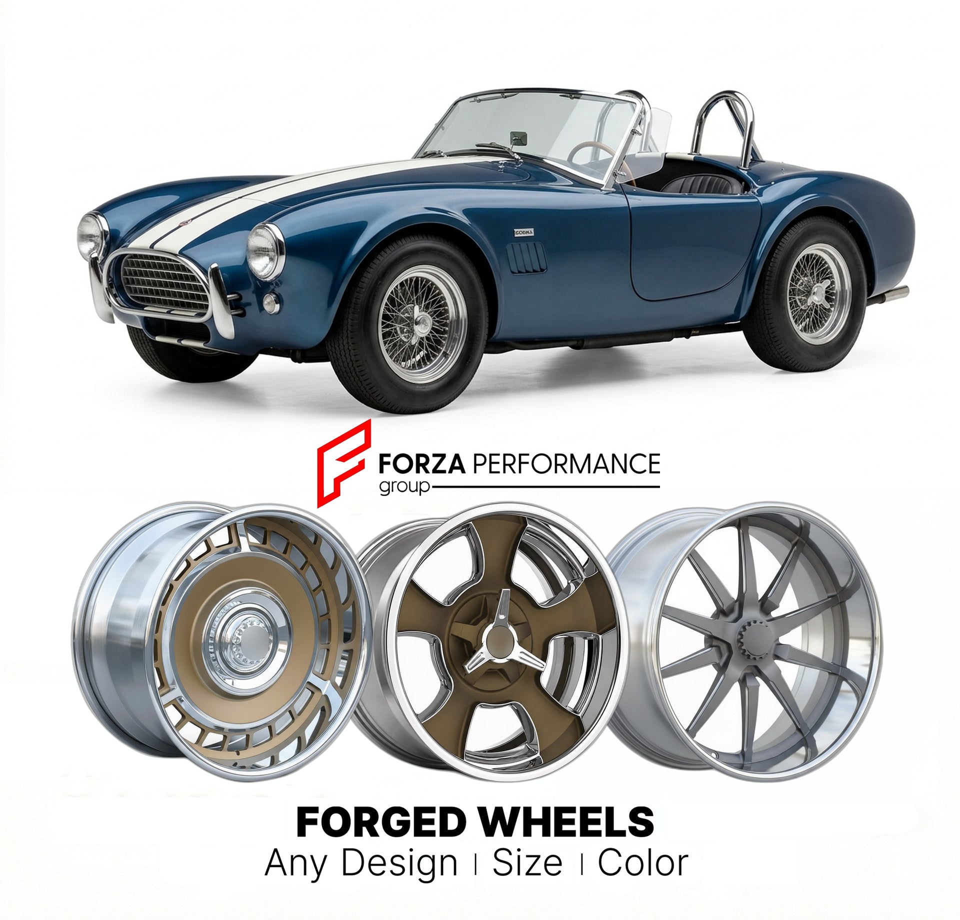 CUSTOM CLASSIC VINTAGE RESTOMOD RETRO OLD SCHOOL FORGED WHEELS RIMS for SHELBY AC COBRA 1962 - 1967
Custom forged wheels for classic American muscle cars. Ideal for restomod builds, vintage restorations, and show cars. Deep dish and retro styling available.

We manufacture premium quality forged wheels rims for Shelby AC Cobra 1962 - 1967 in any design, size, color.

THIS WHEEL DESIGN CAN BE CUSTOM-MADE FOR YOUR CAR IN ANY SIZE AND COLOR OPTIONS
Available in monoblock, 2-piece, 3-piece, duoblock, beadlock
3