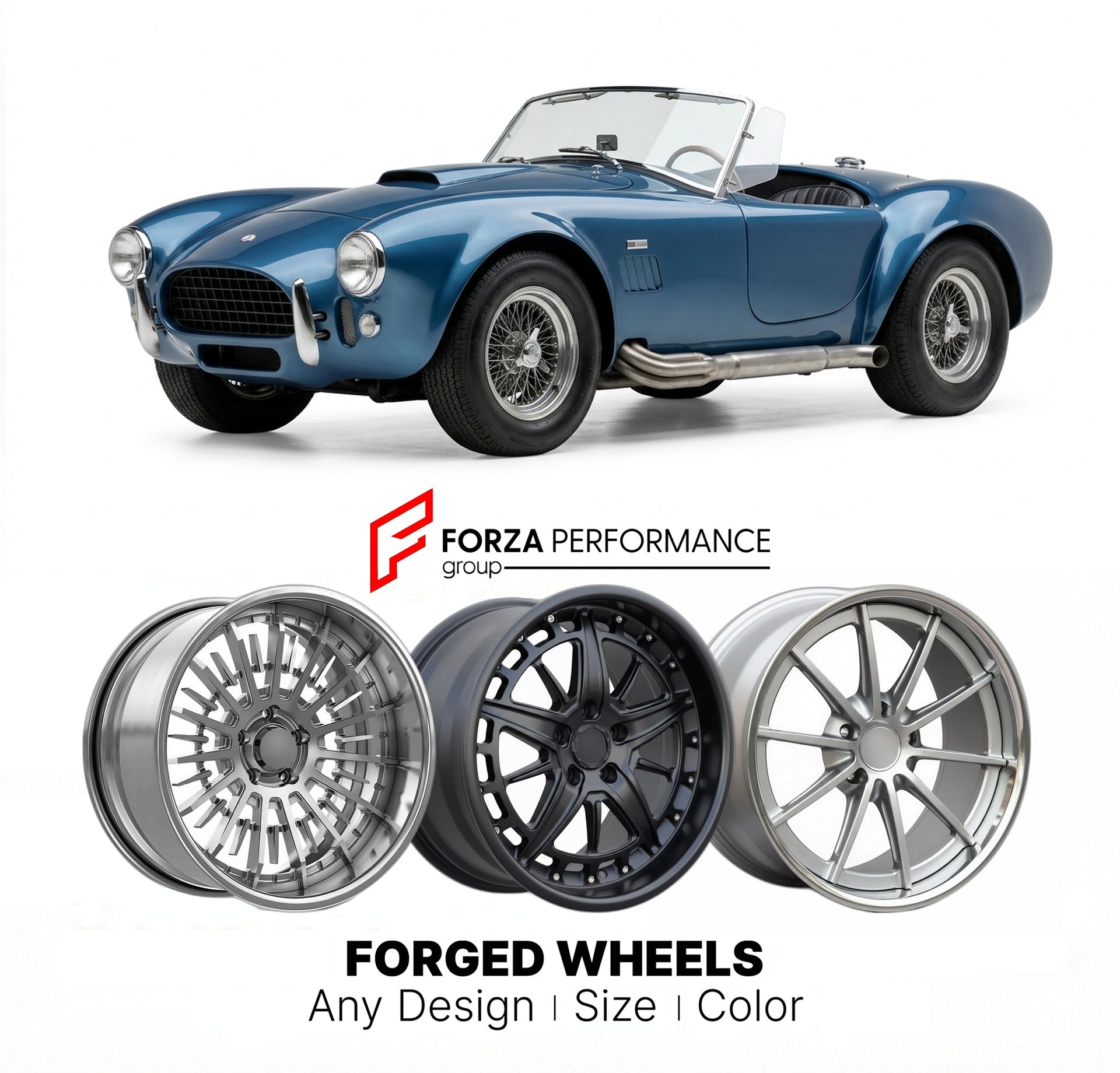CUSTOM CLASSIC VINTAGE RESTOMOD RETRO OLD SCHOOL FORGED WHEELS RIMS for SHELBY COBRA 289 1962 - 1965
Custom forged wheels for classic American muscle cars. Ideal for restomod builds, vintage restorations, and show cars. Deep dish and retro styling available.

We manufacture premium quality forged wheels rims for Shelby Cobra 289 1962 - 1965 in any design, size, color.

THIS WHEEL DESIGN CAN BE CUSTOM-MADE FOR YOUR CAR IN ANY SIZE AND COLOR OPTIONS
Available in monoblock, 2-piece, 3-piece, duoblock, beadlock