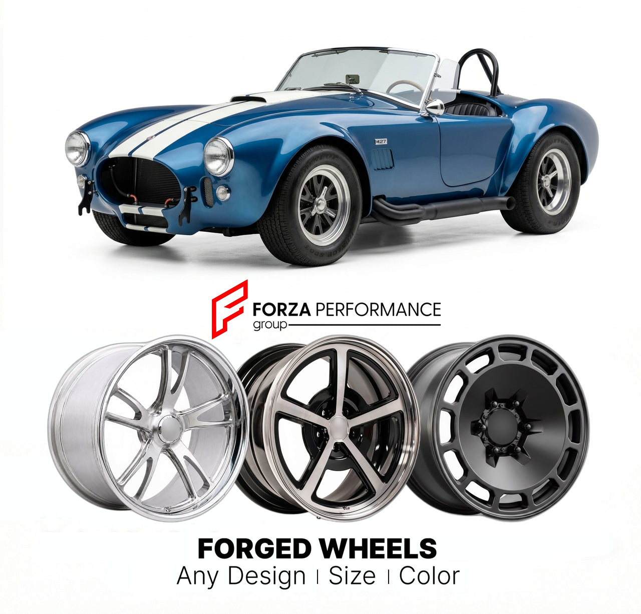 CUSTOM CLASSIC VINTAGE RESTOMOD RETRO OLD SCHOOL FORGED WHEELS RIMS for SHELBY COBRA 427 S/C 1966 - 1967
Custom forged wheels for classic American muscle cars. Ideal for restomod builds, vintage restorations, and show cars. Deep dish and retro styling available.

We manufacture premium quality forged wheels rims for Shelby Cobra 427 S/C 1966 - 1967 in any design, size, color.

THIS WHEEL DESIGN CAN BE CUSTOM-MADE FOR YOUR CAR IN ANY SIZE AND COLOR OPTIONS
Available in monoblock, 2-piece, 3-piece, duoblock, 