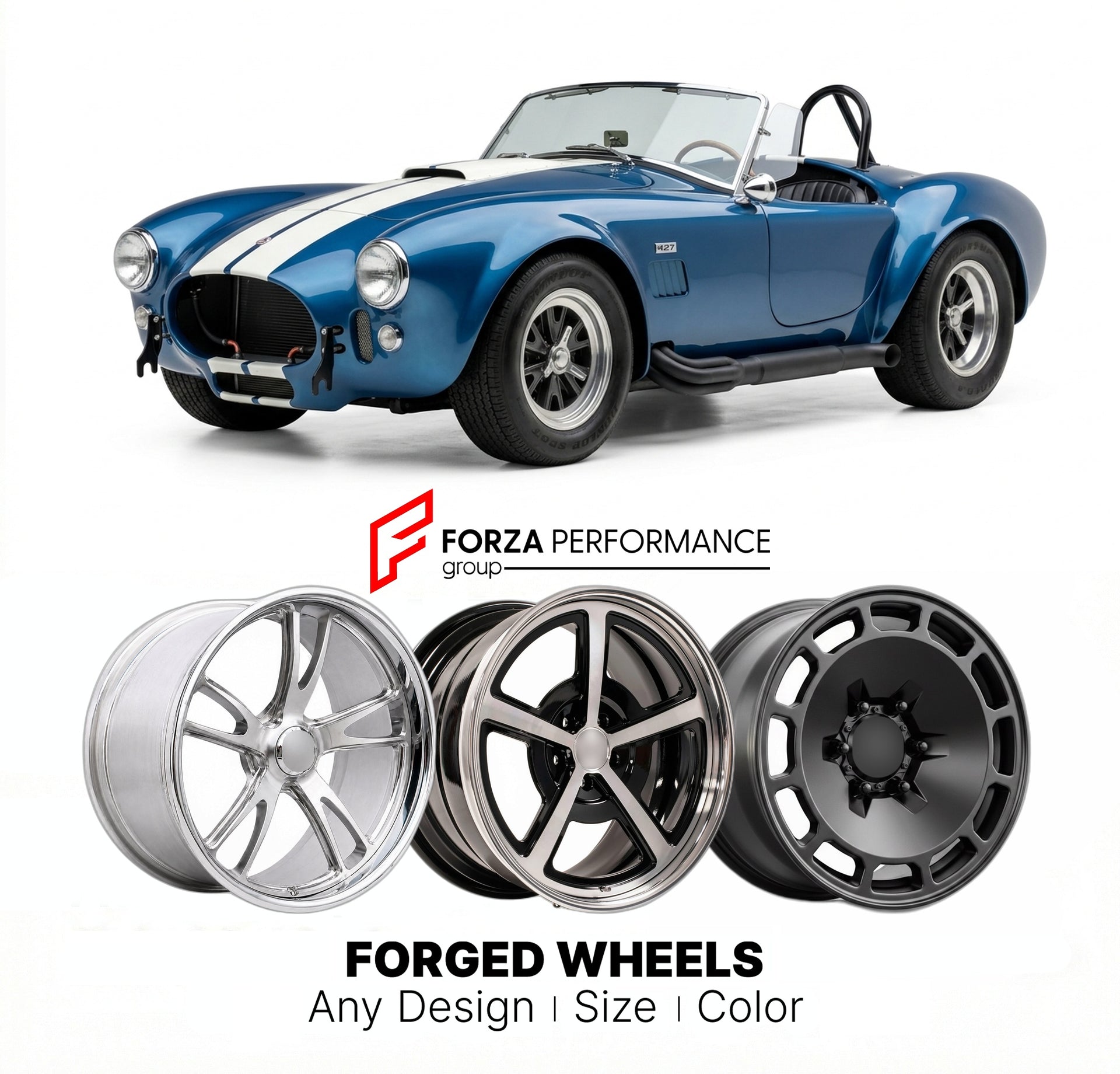 CUSTOM CLASSIC VINTAGE RESTOMOD RETRO OLD SCHOOL FORGED WHEELS RIMS for SHELBY COBRA 427 S/C 1966 - 1967
Custom forged wheels for classic American muscle cars. Ideal for restomod builds, vintage restorations, and show cars. Deep dish and retro styling available.

We manufacture premium quality forged wheels rims for Shelby Cobra 427 S/C 1966 - 1967 in any design, size, color.

THIS WHEEL DESIGN CAN BE CUSTOM-MADE FOR YOUR CAR IN ANY SIZE AND COLOR OPTIONS
Available in monoblock, 2-piece, 3-piece, duoblock, 