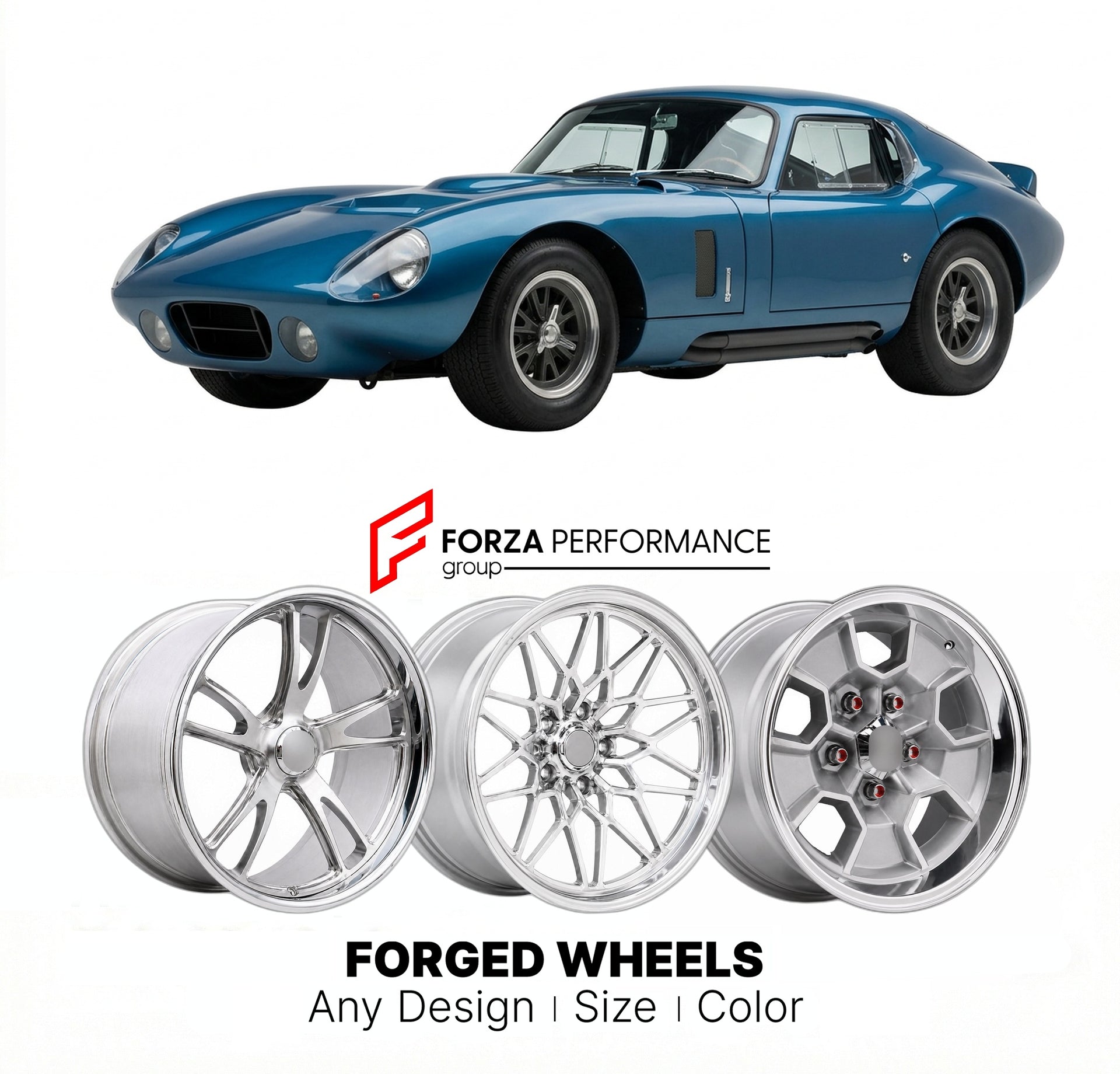 CUSTOM CLASSIC VINTAGE RESTOMOD RETRO OLD SCHOOL FORGED WHEELS RIMS for SHELBY COBRA DAYTONA COUPE 1964 - 1965
Custom forged wheels for classic American muscle cars. Ideal for restomod builds, vintage restorations, and show cars. Deep dish and retro styling available.

We manufacture premium quality forged wheels rims for Shelby Cobra Daytona Coupe 1964 - 1965 in any design, size, color.

THIS WHEEL DESIGN CAN BE CUSTOM-MADE FOR YOUR CAR IN ANY SIZE AND COLOR OPTIONS
Available in monoblock, 2-piece, 3-piece