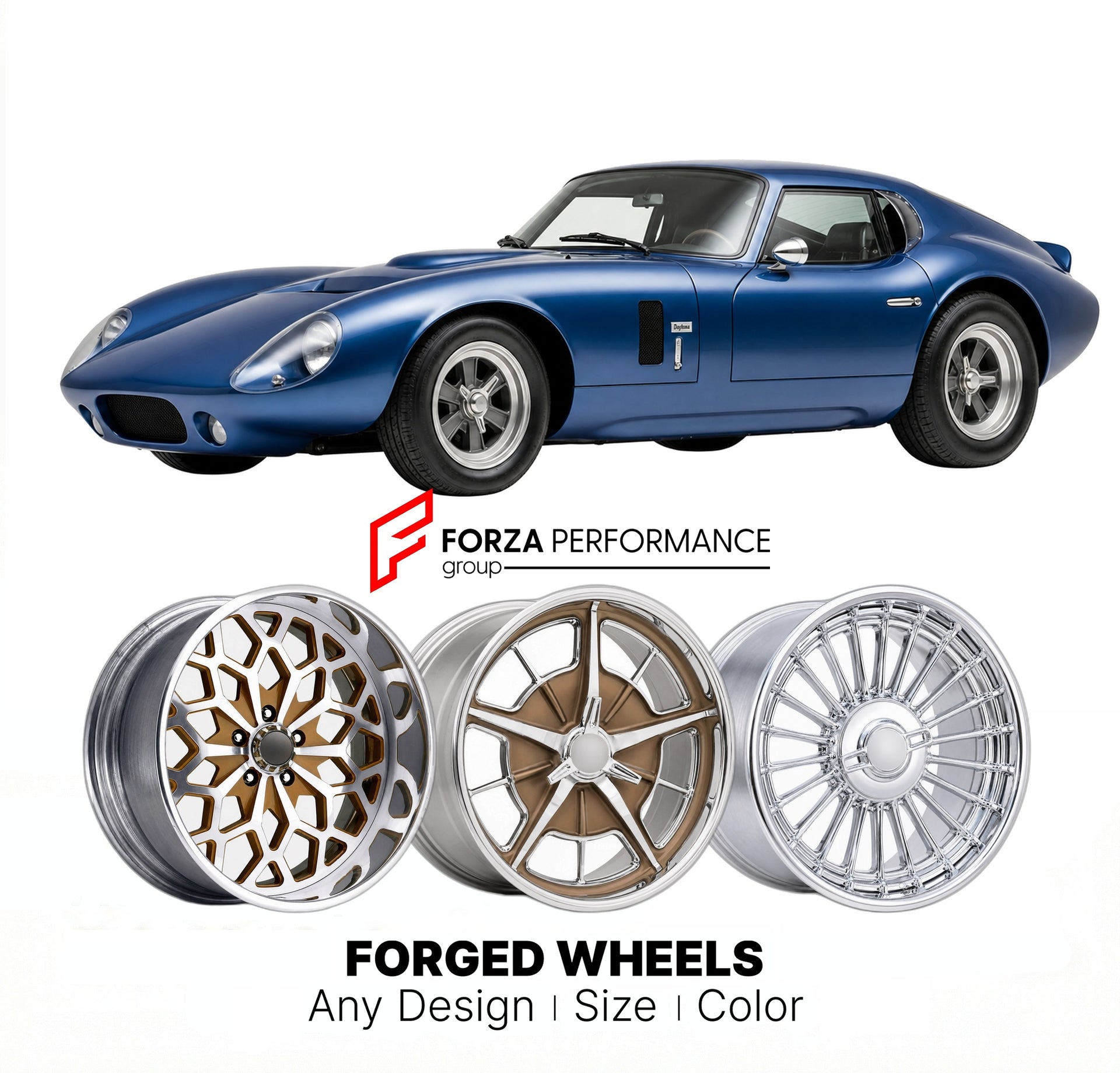 CUSTOM CLASSIC VINTAGE RESTOMOD RETRO OLD SCHOOL FORGED WHEELS RIMS for SHELBY DAYTONA COUPE 1965 - 1965
Custom forged wheels for classic American muscle cars. Ideal for restomod builds, vintage restorations, and show cars. Deep dish and retro styling available.

We manufacture premium quality forged wheels rims for Shelby Daytona Coupe 1965 - 1965 in any design, size, color.

THIS WHEEL DESIGN CAN BE CUSTOM-MADE FOR YOUR CAR IN ANY SIZE AND COLOR OPTIONS
Available in monoblock, 2-piece, 3-piece, duoblock, 