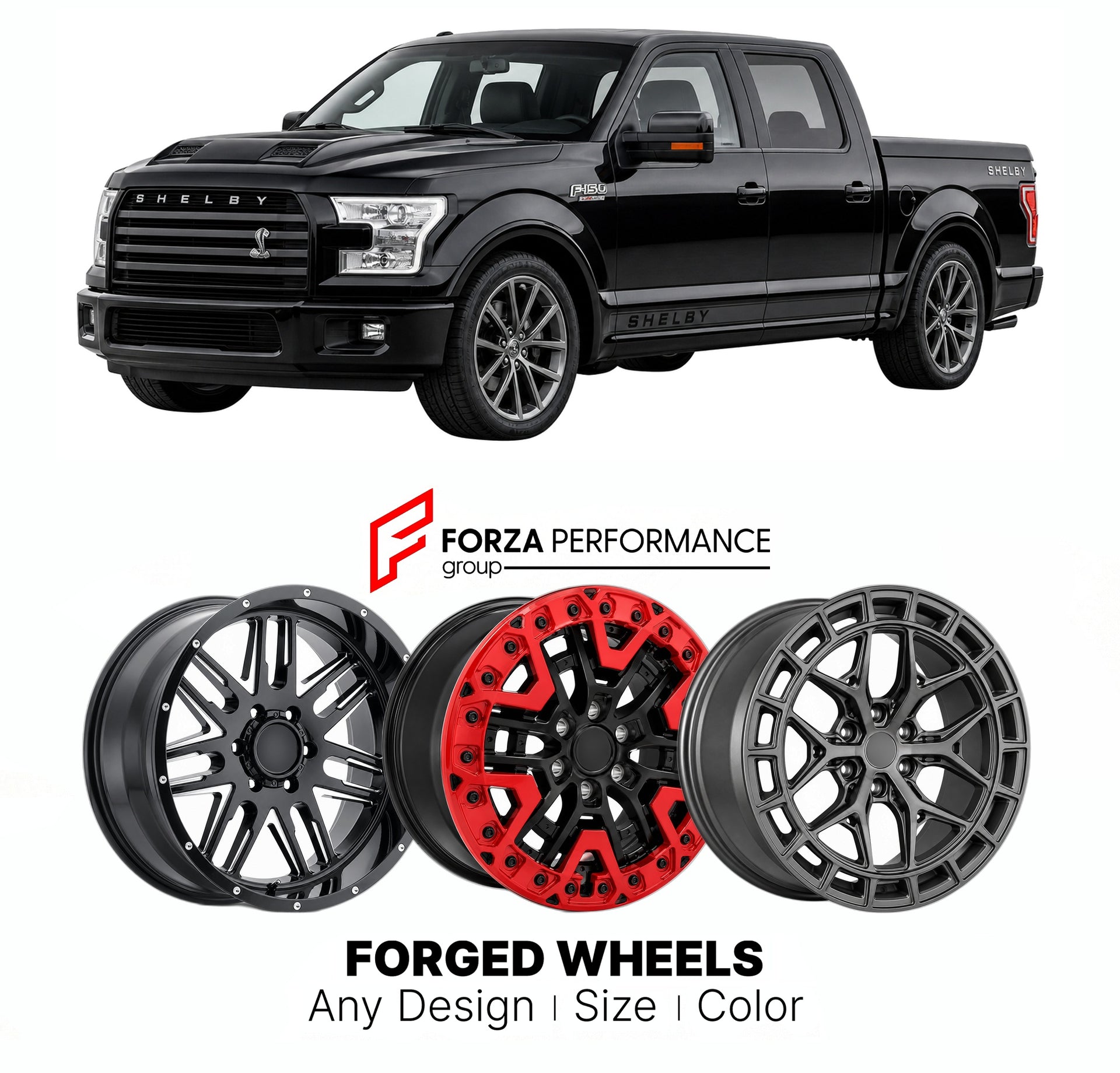 FORGED WHEELS RIMS for SHELBY F-150 2011 - 2024

Custom forged wheels for Shelby F-150 2011 - 2024. Made-to-order monoblock, 2-piece and 3-piece rims in custom sizes, offsets, colors and finishes with guaranteed fitment.

We manufacture premium quality forged wheels rims for Shelby F-150 2011 - 2024 in any design, size, color.

THIS WHEEL DESIGN CAN BE CUSTOM-MADE FOR YOUR CAR IN ANY SIZE AND COLOR OPTIONS
Available in monoblock, 2-piece, 3-piece, duoblock, beadlock
3D wheel renderings are provided accordin