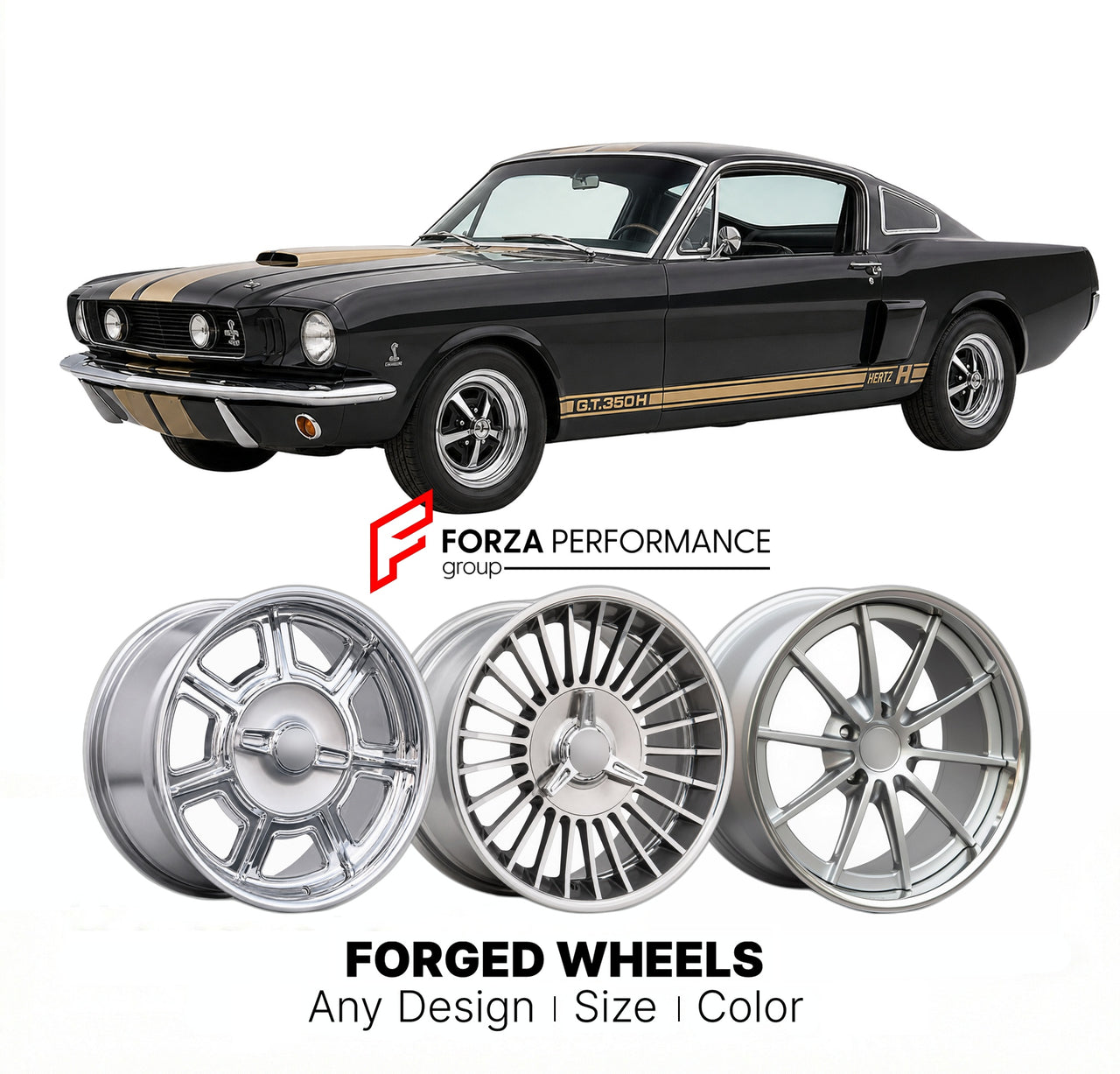 CUSTOM CLASSIC VINTAGE RESTOMOD RETRO OLD SCHOOL FORGED WHEELS RIMS for SHELBY GT350H HERTZ 1966 - 1966
Custom forged wheels for classic American muscle cars. Ideal for restomod builds, vintage restorations, and show cars. Deep dish and retro styling available.

We manufacture premium quality forged wheels rims for Shelby GT350H Hertz 1966 - 1966 in any design, size, color.

THIS WHEEL DESIGN CAN BE CUSTOM-MADE FOR YOUR CAR IN ANY SIZE AND COLOR OPTIONS
Available in monoblock, 2-piece, 3-piece, duoblock, be