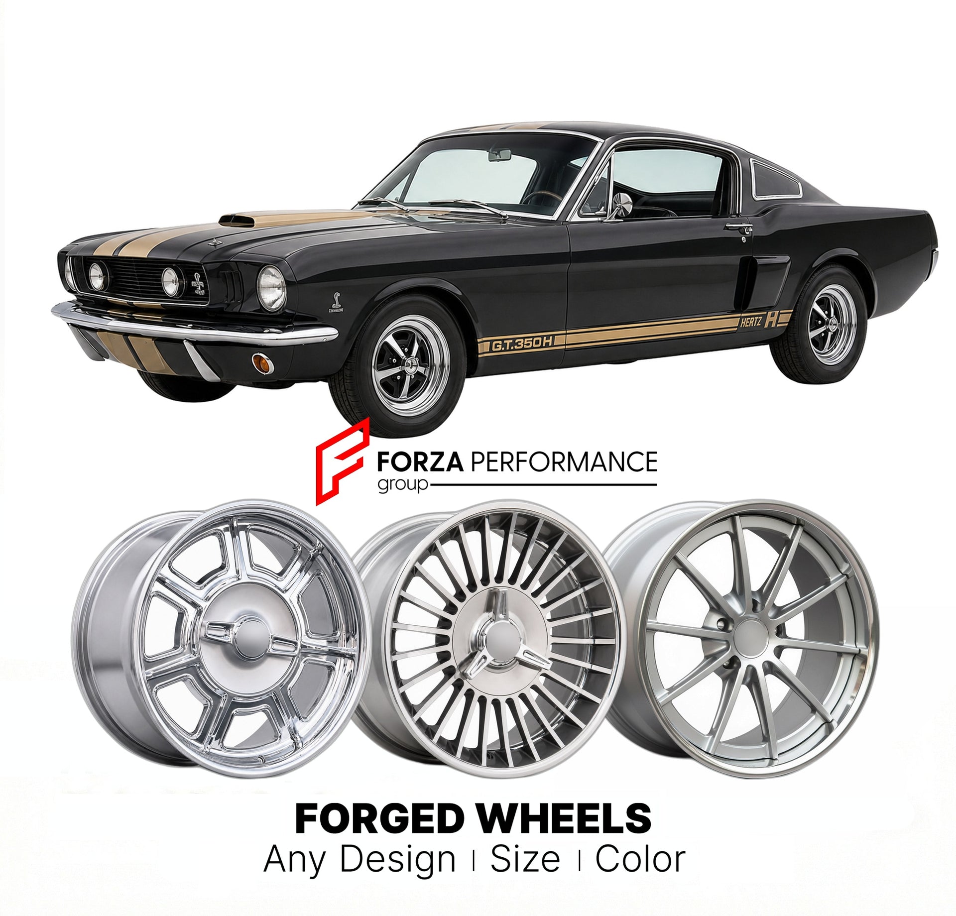 CUSTOM CLASSIC VINTAGE RESTOMOD RETRO OLD SCHOOL FORGED WHEELS RIMS for SHELBY GT350H HERTZ 1966 - 1966
Custom forged wheels for classic American muscle cars. Ideal for restomod builds, vintage restorations, and show cars. Deep dish and retro styling available.

We manufacture premium quality forged wheels rims for Shelby GT350H Hertz 1966 - 1966 in any design, size, color.

THIS WHEEL DESIGN CAN BE CUSTOM-MADE FOR YOUR CAR IN ANY SIZE AND COLOR OPTIONS
Available in monoblock, 2-piece, 3-piece, duoblock, be
