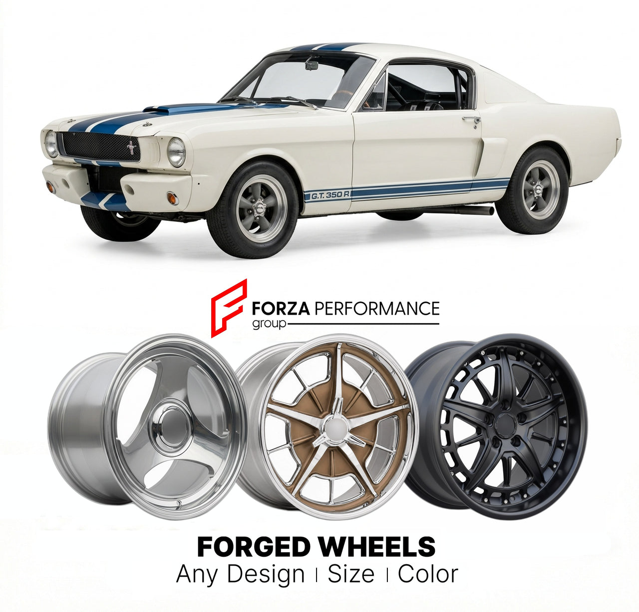 CUSTOM CLASSIC VINTAGE RESTOMOD RETRO OLD SCHOOL FORGED WHEELS RIMS for SHELBY GT350R 1965 - 1966
Custom forged wheels for classic American muscle cars. Ideal for restomod builds, vintage restorations, and show cars. Deep dish and retro styling available.

We manufacture premium quality forged wheels rims for Shelby GT350R 1965 - 1966 in any design, size, color.

THIS WHEEL DESIGN CAN BE CUSTOM-MADE FOR YOUR CAR IN ANY SIZE AND COLOR OPTIONS
Available in monoblock, 2-piece, 3-piece, duoblock, beadlock
3D wh