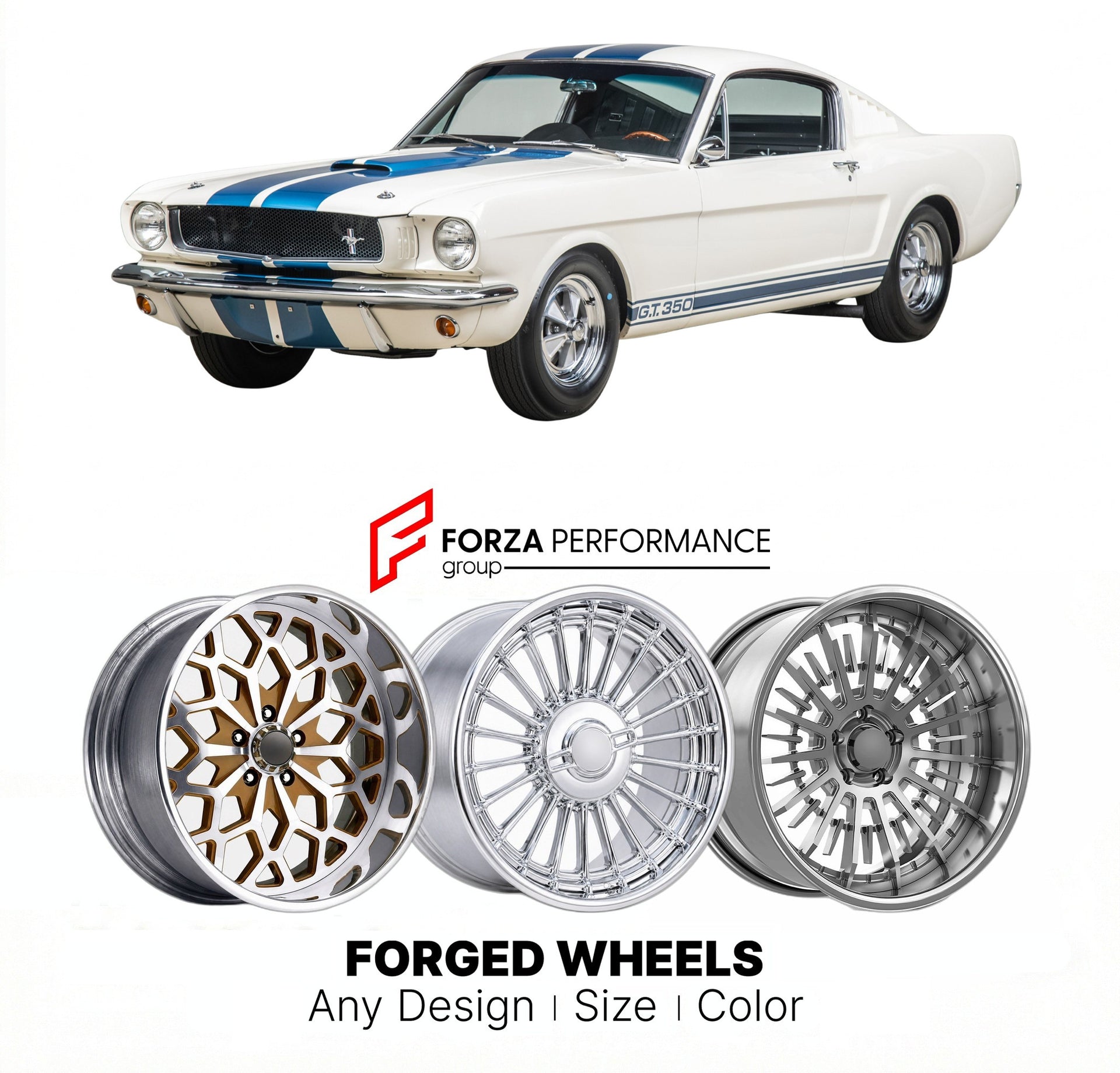 CUSTOM CLASSIC VINTAGE RESTOMOD RETRO OLD SCHOOL FORGED WHEELS RIMS for SHELBY GT350 1965 - 1966
Custom forged wheels for classic American muscle cars. Ideal for restomod builds, vintage restorations, and show cars. Deep dish and retro styling available.

We manufacture premium quality forged wheels rims for Shelby GT350 1965 - 1966 in any design, size, color.

THIS WHEEL DESIGN CAN BE CUSTOM-MADE FOR YOUR CAR IN ANY SIZE AND COLOR OPTIONS
Available in monoblock, 2-piece, 3-piece, duoblock, beadlock
3D whee