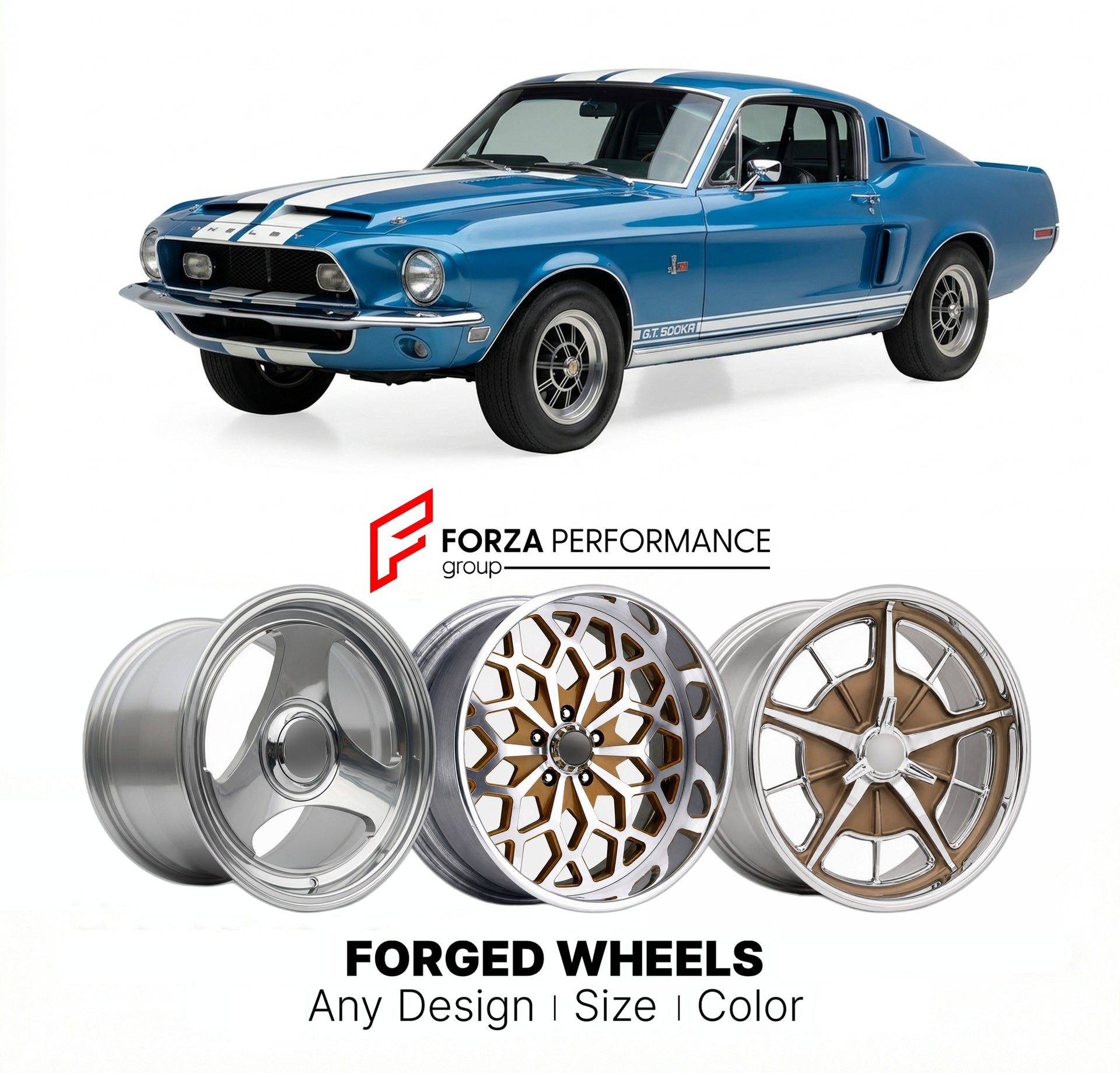 CUSTOM CLASSIC VINTAGE RESTOMOD RETRO OLD SCHOOL FORGED WHEELS RIMS for SHELBY GT500KR 1968 - 1969
Custom forged wheels for classic American muscle cars. Ideal for restomod builds, vintage restorations, and show cars. Deep dish and retro styling available.

We manufacture premium quality forged wheels rims for Shelby GT500KR 1968 - 1969 in any design, size, color.

THIS WHEEL DESIGN CAN BE CUSTOM-MADE FOR YOUR CAR IN ANY SIZE AND COLOR OPTIONS
Available in monoblock, 2-piece, 3-piece, duoblock, beadlock
3D 