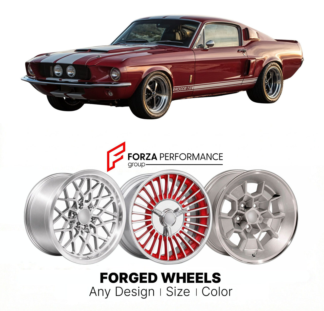 CUSTOM CLASSIC VINTAGE RESTOMOD RETRO OLD SCHOOL FORGED WHEELS RIMS for SHELBY GT500 1967 - 1968
Custom forged wheels for classic American muscle cars. Ideal for restomod builds, vintage restorations, and show cars. Deep dish and retro styling available.

We manufacture premium quality forged wheels rims for Shelby GT500 1967 - 1968 in any design, size, color.

THIS WHEEL DESIGN CAN BE CUSTOM-MADE FOR YOUR CAR IN ANY SIZE AND COLOR OPTIONS
Available in monoblock, 2-piece, 3-piece, duoblock, beadlock
3D whee