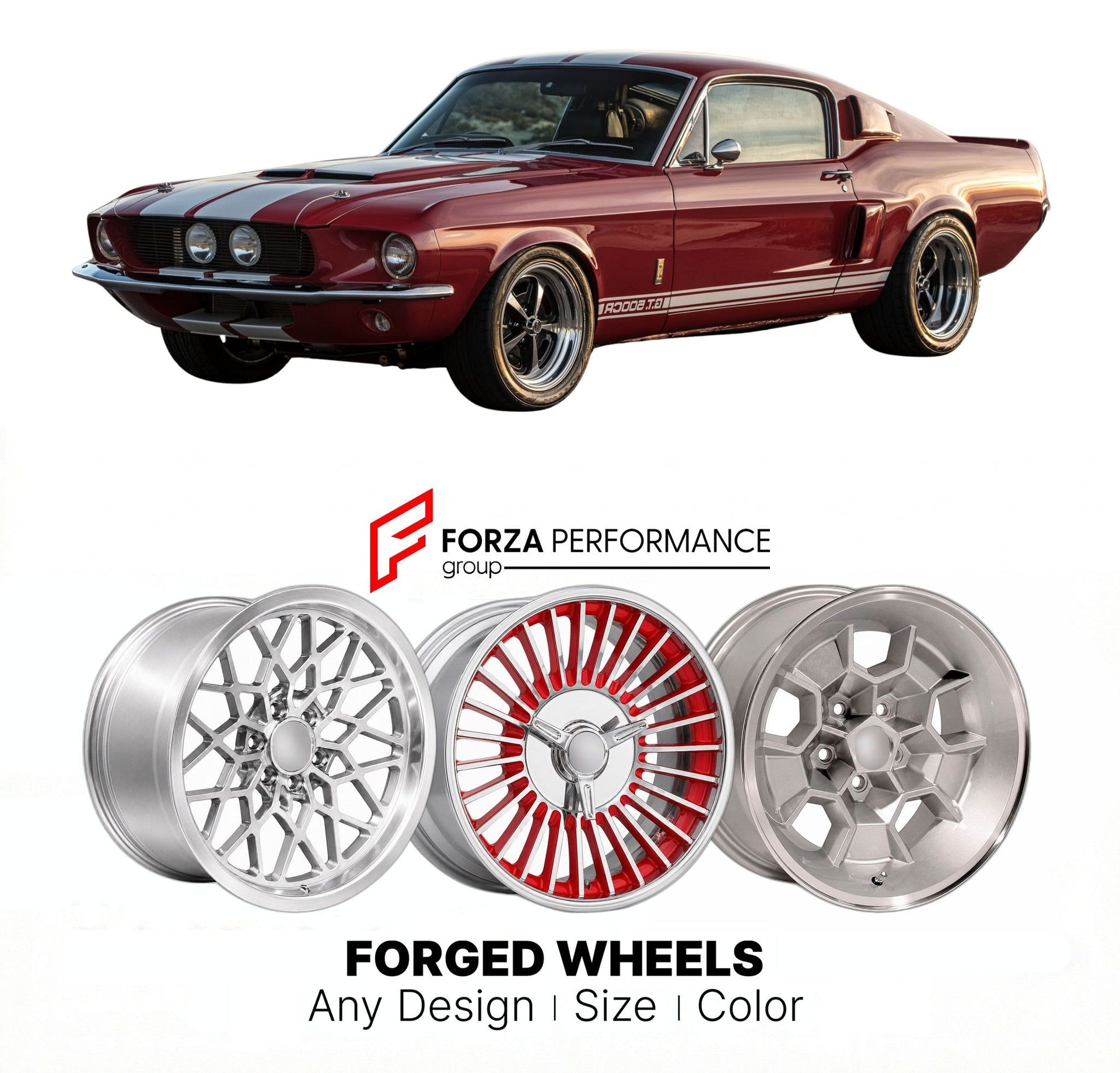 CUSTOM CLASSIC VINTAGE RESTOMOD RETRO OLD SCHOOL FORGED WHEELS RIMS for SHELBY GT500 1967 - 1968
Custom forged wheels for classic American muscle cars. Ideal for restomod builds, vintage restorations, and show cars. Deep dish and retro styling available.

We manufacture premium quality forged wheels rims for Shelby GT500 1967 - 1968 in any design, size, color.

THIS WHEEL DESIGN CAN BE CUSTOM-MADE FOR YOUR CAR IN ANY SIZE AND COLOR OPTIONS
Available in monoblock, 2-piece, 3-piece, duoblock, beadlock
3D whee
