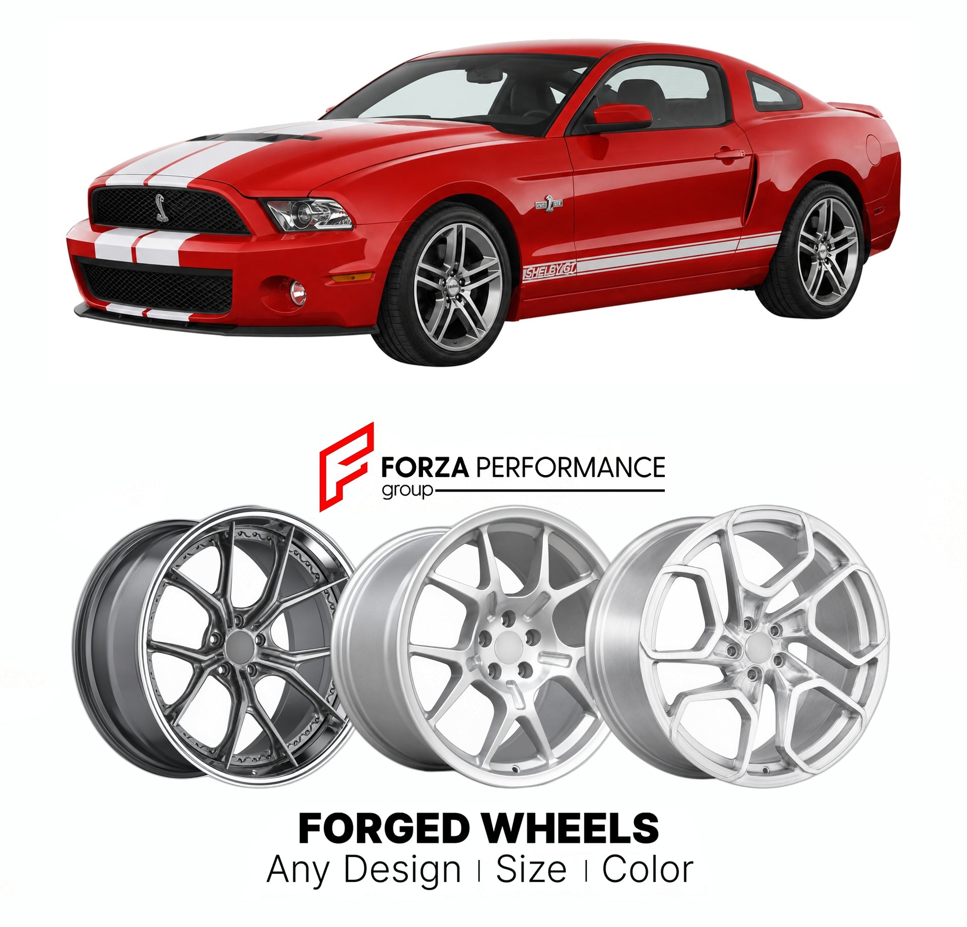 FORGED WHEELS RIMS for SHELBY GT MODERN 2007+

Custom forged wheels for Shelby GT Modern 2007+. Made-to-order monoblock, 2-piece and 3-piece rims in custom sizes, offsets, colors and finishes with guaranteed fitment.

We manufacture premium quality forged wheels rims for Shelby GT Modern 2007+ in any design, size, color.

THIS WHEEL DESIGN CAN BE CUSTOM-MADE FOR YOUR CAR IN ANY SIZE AND COLOR OPTIONS
Available in monoblock, 2-piece, 3-piece, duoblock, beadlock
3D wheel renderings are provided according to t