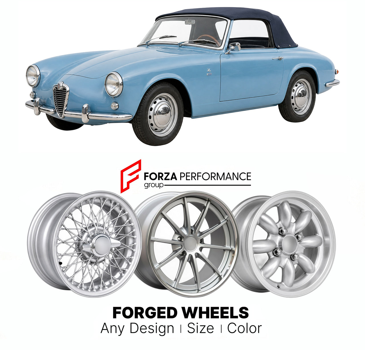 CUSTOM CLASSIC VINTAGE RESTOMOD RETRO OLD SCHOOL FORGED WHEELS RIMS for SIATA SPRING 1967 - 1970

Custom forged wheels for Siata Spring 1967 - 1970. Classic, vintage, restomod wheel designs made to order in custom sizes, offsets, colors and finishes.

We manufacture premium quality forged wheels rims for Siata Spring 1967 - 1970 in any design, size, color.

THIS WHEEL DESIGN CAN BE CUSTOM-MADE FOR YOUR CAR IN ANY SIZE AND COLOR OPTIONS
Available in monoblock, 2-piece, 3-piece, duoblock, beadlock
3D wheel re