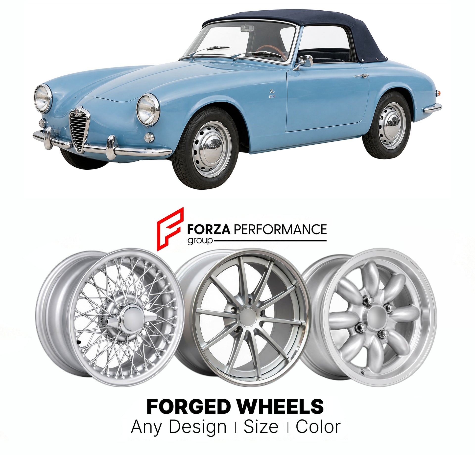 CUSTOM CLASSIC VINTAGE RESTOMOD RETRO OLD SCHOOL FORGED WHEELS RIMS for SIATA SPRING 1967 - 1970

Custom forged wheels for Siata Spring 1967 - 1970. Classic, vintage, restomod wheel designs made to order in custom sizes, offsets, colors and finishes.

We manufacture premium quality forged wheels rims for Siata Spring 1967 - 1970 in any design, size, color.

THIS WHEEL DESIGN CAN BE CUSTOM-MADE FOR YOUR CAR IN ANY SIZE AND COLOR OPTIONS
Available in monoblock, 2-piece, 3-piece, duoblock, beadlock
3D wheel re