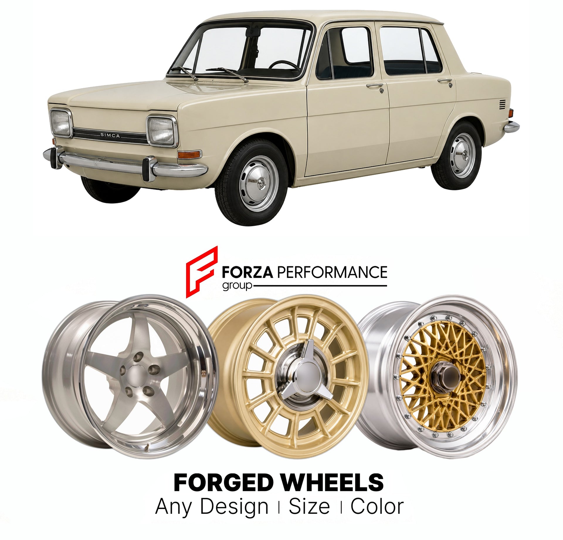 CUSTOM CLASSIC VINTAGE RESTOMOD RETRO OLD SCHOOL FORGED WHEELS RIMS for SIMCA 1000 E 1970 - 1978

Custom forged wheels for Simca 1000 E 1970 - 1978. Classic, vintage, restomod wheel designs made to order in custom sizes, offsets, colors and finishes.

We manufacture premium quality forged wheels rims for Simca 1000 E 1970 - 1978 in any design, size, color.

THIS WHEEL DESIGN CAN BE CUSTOM-MADE FOR YOUR CAR IN ANY SIZE AND COLOR OPTIONS
Available in monoblock, 2-piece, 3-piece, duoblock, beadlock
3D wheel re