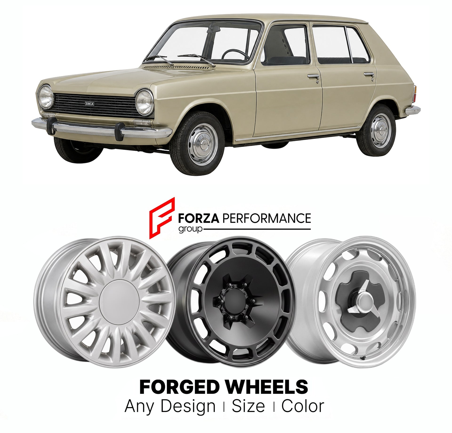 CUSTOM CLASSIC VINTAGE RESTOMOD RETRO OLD SCHOOL FORGED WHEELS RIMS for SIMCA 1100 1967 - 1982

Custom forged wheels for Simca 1100 1967 - 1982. Classic, vintage, restomod wheel designs made to order in custom sizes, offsets, colors and finishes.

We manufacture premium quality forged wheels rims for Simca 1100 1967 - 1982 in any design, size, color.

THIS WHEEL DESIGN CAN BE CUSTOM-MADE FOR YOUR CAR IN ANY SIZE AND COLOR OPTIONS
Available in monoblock, 2-piece, 3-piece, duoblock, beadlock
3D wheel renderin