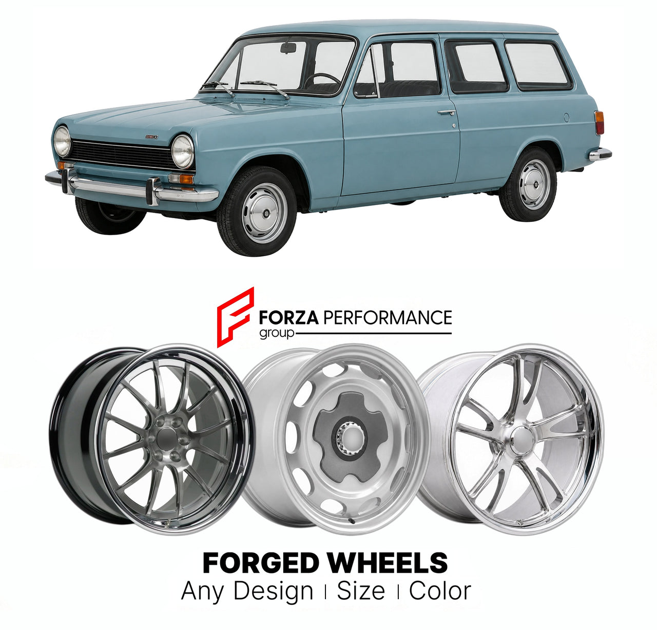 CUSTOM CLASSIC VINTAGE RESTOMOD RETRO OLD SCHOOL FORGED WHEELS RIMS for SIMCA 1100 BREAK 1968 - 1982

Custom forged wheels for Simca 1100 Break 1968 - 1982. Classic, vintage, restomod wheel designs made to order in custom sizes, offsets, colors and finishes.

We manufacture premium quality forged wheels rims for Simca 1100 Break 1968 - 1982 in any design, size, color.

THIS WHEEL DESIGN CAN BE CUSTOM-MADE FOR YOUR CAR IN ANY SIZE AND COLOR OPTIONS
Available in monoblock, 2-piece, 3-piece, duoblock, beadlock