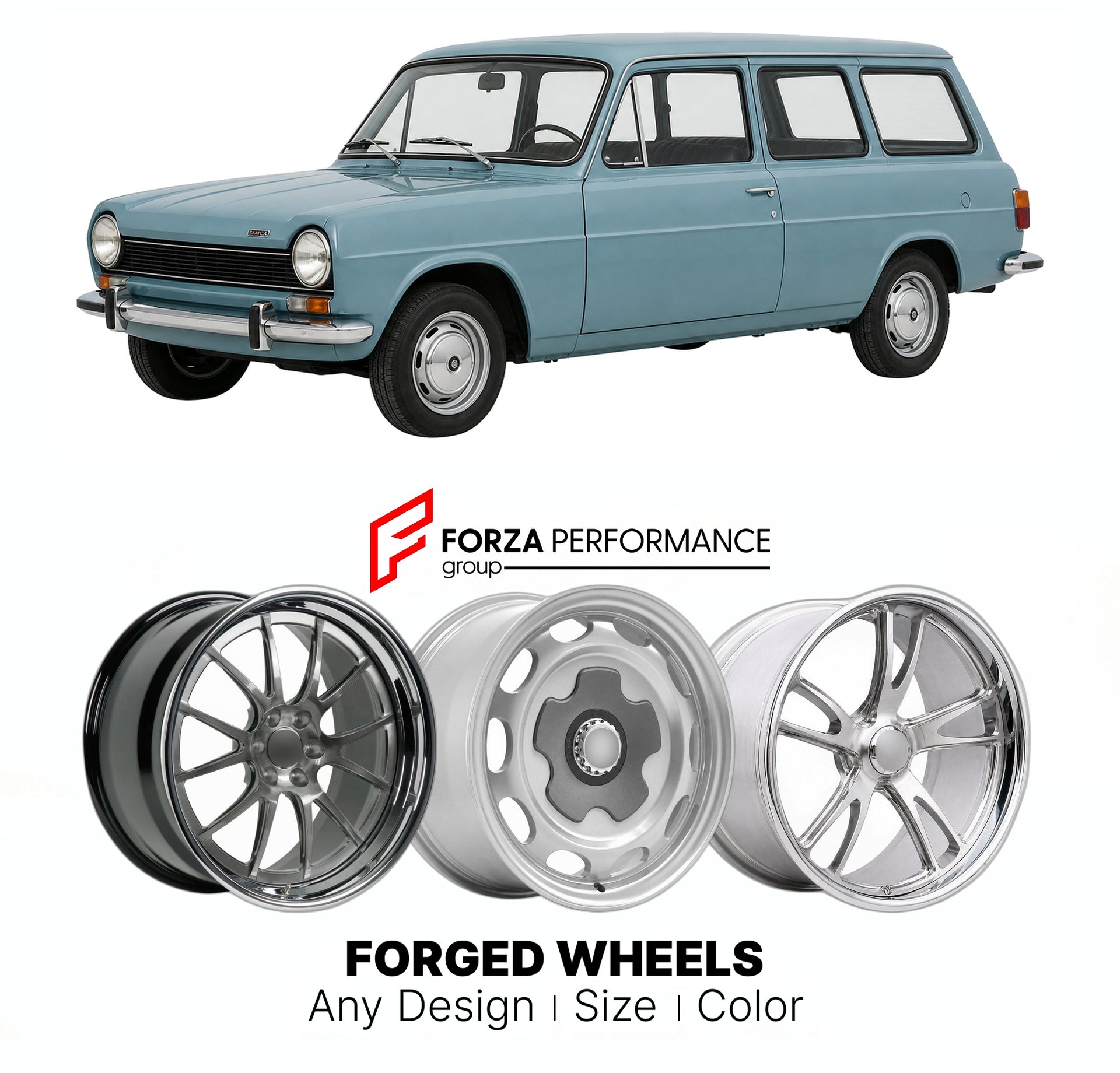 CUSTOM CLASSIC VINTAGE RESTOMOD RETRO OLD SCHOOL FORGED WHEELS RIMS for SIMCA 1100 BREAK 1968 - 1982

Custom forged wheels for Simca 1100 Break 1968 - 1982. Classic, vintage, restomod wheel designs made to order in custom sizes, offsets, colors and finishes.

We manufacture premium quality forged wheels rims for Simca 1100 Break 1968 - 1982 in any design, size, color.

THIS WHEEL DESIGN CAN BE CUSTOM-MADE FOR YOUR CAR IN ANY SIZE AND COLOR OPTIONS
Available in monoblock, 2-piece, 3-piece, duoblock, beadlock