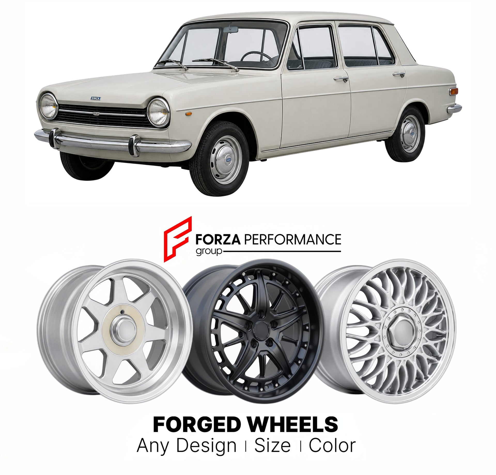 CUSTOM CLASSIC VINTAGE RESTOMOD RETRO OLD SCHOOL FORGED WHEELS RIMS for SIMCA 1300 1500 1963 - 1966

Custom forged wheels for Simca 1300 1500 1963 - 1966. Classic, vintage, restomod wheel designs made to order in custom sizes, offsets, colors and finishes.

We manufacture premium quality forged wheels rims for Simca 1300 1500 1963 - 1966 in any design, size, color.

THIS WHEEL DESIGN CAN BE CUSTOM-MADE FOR YOUR CAR IN ANY SIZE AND COLOR OPTIONS
Available in monoblock, 2-piece, 3-piece, duoblock, beadlock
3D