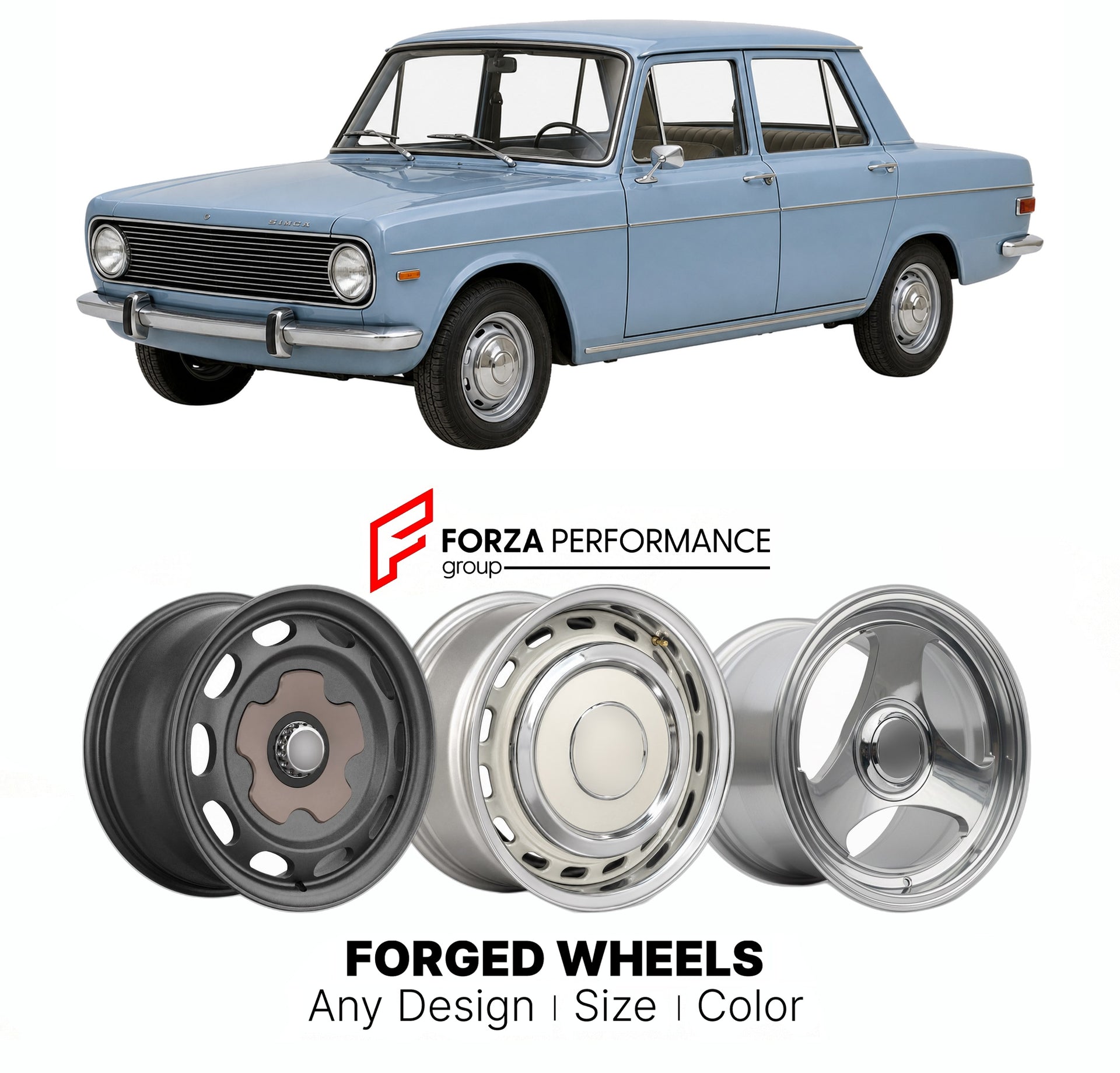 CUSTOM CLASSIC VINTAGE RESTOMOD RETRO OLD SCHOOL FORGED WHEELS RIMS for SIMCA 1301 1501 1966 - 1975

Custom forged wheels for Simca 1301 1501 1966 - 1975. Classic, vintage, restomod wheel designs made to order in custom sizes, offsets, colors and finishes.

We manufacture premium quality forged wheels rims for Simca 1301 1501 1966 - 1975 in any design, size, color.

THIS WHEEL DESIGN CAN BE CUSTOM-MADE FOR YOUR CAR IN ANY SIZE AND COLOR OPTIONS
Available in monoblock, 2-piece, 3-piece, duoblock, beadlock
3D