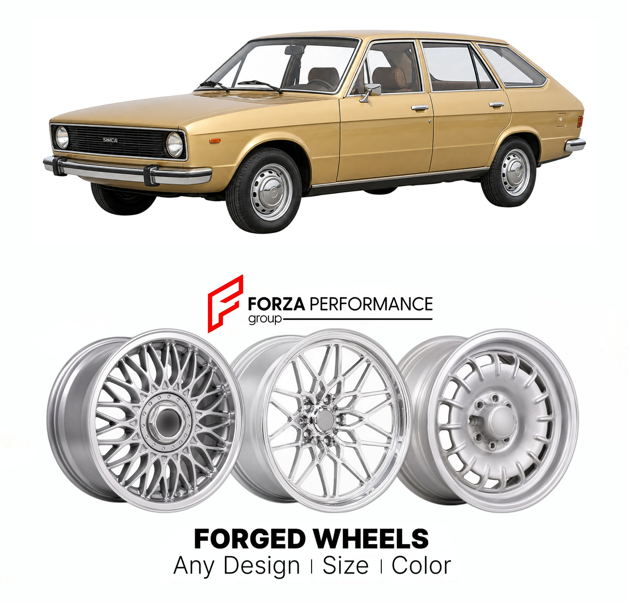 CUSTOM CLASSIC VINTAGE RESTOMOD RETRO OLD SCHOOL FORGED WHEELS RIMS for SIMCA 1307 1308 1975 - 1980

Custom forged wheels for Simca 1307 1308 1975 - 1980. Classic, vintage, restomod wheel designs made to order in custom sizes, offsets, colors and finishes.

We manufacture premium quality forged wheels rims for Simca 1307 1308 1975 - 1980 in any design, size, color.

THIS WHEEL DESIGN CAN BE CUSTOM-MADE FOR YOUR CAR IN ANY SIZE AND COLOR OPTIONS
Available in monoblock, 2-piece, 3-piece, duoblock, beadlock
3D