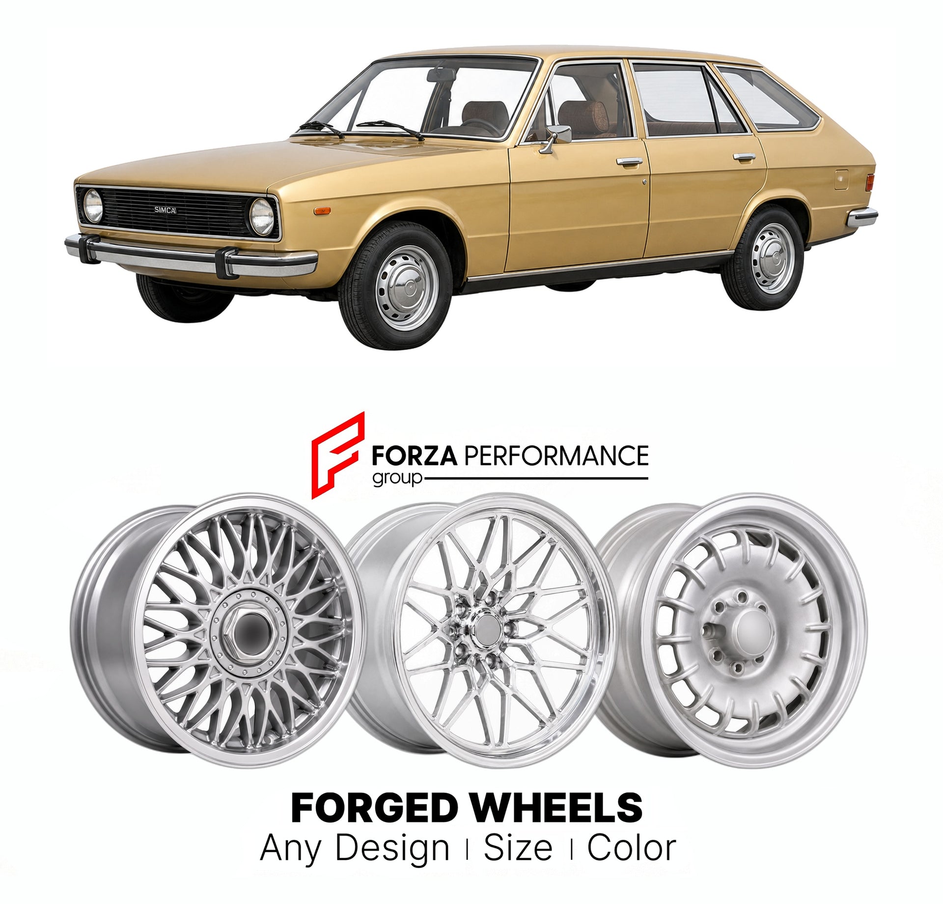 CUSTOM CLASSIC VINTAGE RESTOMOD RETRO OLD SCHOOL FORGED WHEELS RIMS for SIMCA 1307 1308 1975 - 1980

Custom forged wheels for Simca 1307 1308 1975 - 1980. Classic, vintage, restomod wheel designs made to order in custom sizes, offsets, colors and finishes.

We manufacture premium quality forged wheels rims for Simca 1307 1308 1975 - 1980 in any design, size, color.

THIS WHEEL DESIGN CAN BE CUSTOM-MADE FOR YOUR CAR IN ANY SIZE AND COLOR OPTIONS
Available in monoblock, 2-piece, 3-piece, duoblock, beadlock
3D