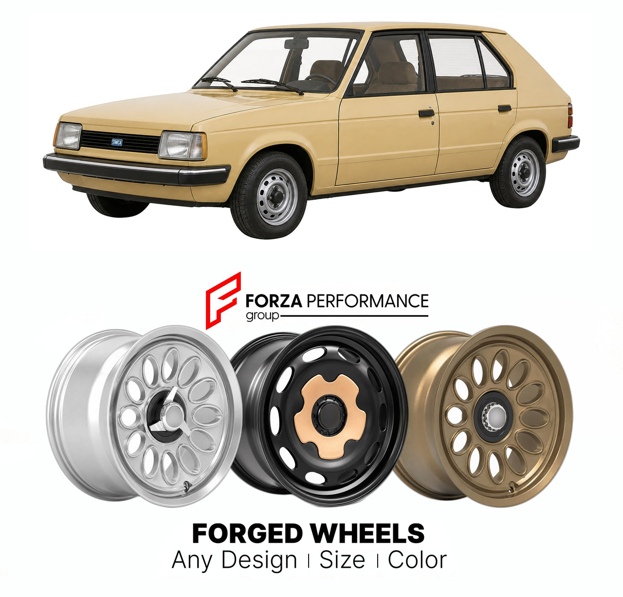 CUSTOM CLASSIC VINTAGE RESTOMOD RETRO OLD SCHOOL FORGED WHEELS RIMS for SIMCA HORIZON 1977 - 1987

Custom forged wheels for Simca Horizon 1977 - 1987. Classic, vintage, restomod wheel designs made to order in custom sizes, offsets, colors and finishes.

We manufacture premium quality forged wheels rims for Simca Horizon 1977 - 1987 in any design, size, color.

THIS WHEEL DESIGN CAN BE CUSTOM-MADE FOR YOUR CAR IN ANY SIZE AND COLOR OPTIONS
Available in monoblock, 2-piece, 3-piece, duoblock, beadlock
3D wheel