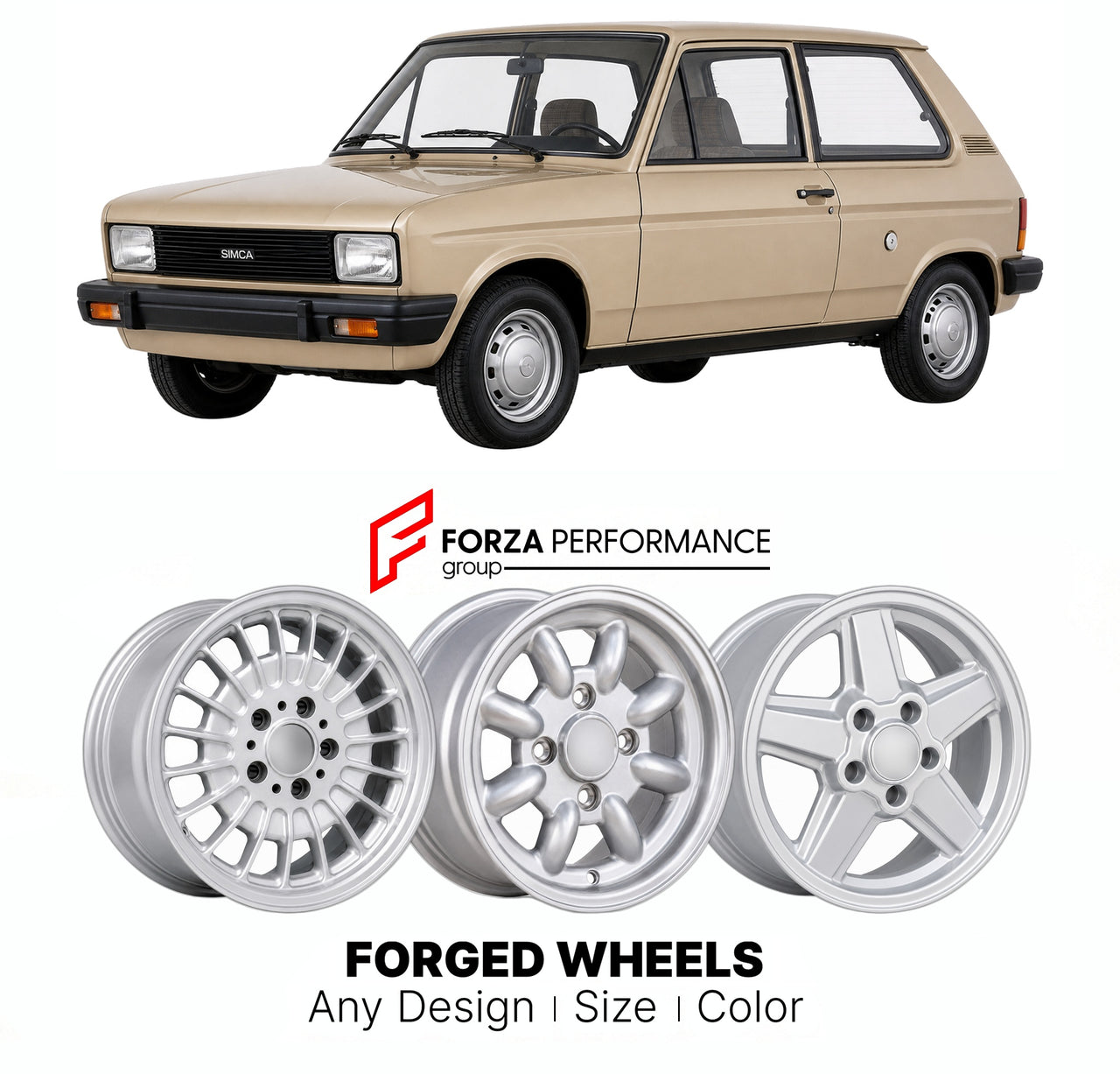 CUSTOM CLASSIC VINTAGE RESTOMOD RETRO OLD SCHOOL FORGED WHEELS RIMS for SIMCA SAMBA 1981 - 1986

Custom forged wheels for Simca Samba 1981 - 1986. Classic, vintage, restomod wheel designs made to order in custom sizes, offsets, colors and finishes.

We manufacture premium quality forged wheels rims for Simca Samba 1981 - 1986 in any design, size, color.

THIS WHEEL DESIGN CAN BE CUSTOM-MADE FOR YOUR CAR IN ANY SIZE AND COLOR OPTIONS
Available in monoblock, 2-piece, 3-piece, duoblock, beadlock
3D wheel rende