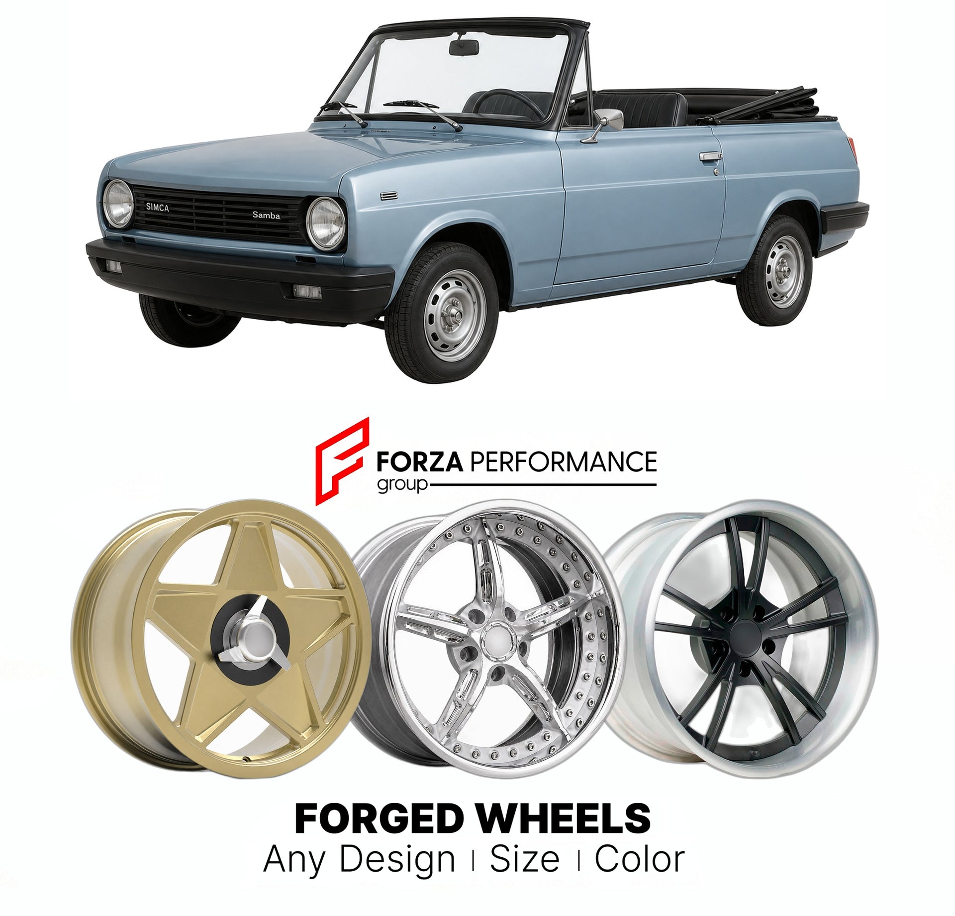 CUSTOM CLASSIC VINTAGE RESTOMOD RETRO OLD SCHOOL FORGED WHEELS RIMS for SIMCA SAMBA CABRIOLET 1982 - 1986

Custom forged wheels for Simca Samba Cabriolet 1982 - 1986. Classic, vintage, restomod wheel designs made to order in custom sizes, offsets, colors and finishes.

We manufacture premium quality forged wheels rims for Simca Samba Cabriolet 1982 - 1986 in any design, size, color.

THIS WHEEL DESIGN CAN BE CUSTOM-MADE FOR YOUR CAR IN ANY SIZE AND COLOR OPTIONS
Available in monoblock, 2-piece, 3-piece, duo