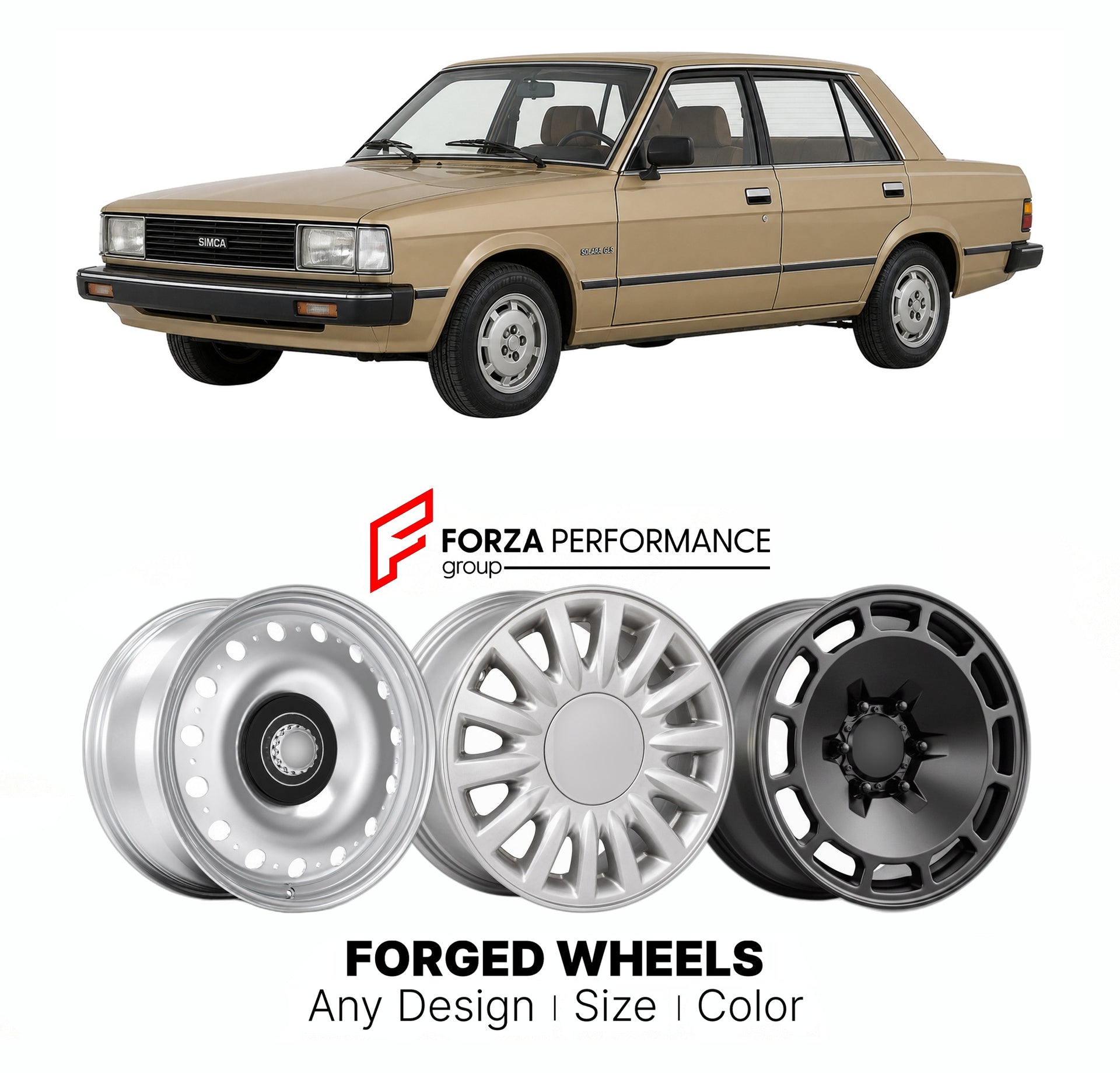 CUSTOM CLASSIC VINTAGE RESTOMOD RETRO OLD SCHOOL FORGED WHEELS RIMS for SIMCA SOLARA 1980 - 1986

Custom forged wheels for Simca Solara 1980 - 1986. Classic, vintage, restomod wheel designs made to order in custom sizes, offsets, colors and finishes.

We manufacture premium quality forged wheels rims for Simca Solara 1980 - 1986 in any design, size, color.

THIS WHEEL DESIGN CAN BE CUSTOM-MADE FOR YOUR CAR IN ANY SIZE AND COLOR OPTIONS
Available in monoblock, 2-piece, 3-piece, duoblock, beadlock
3D wheel re