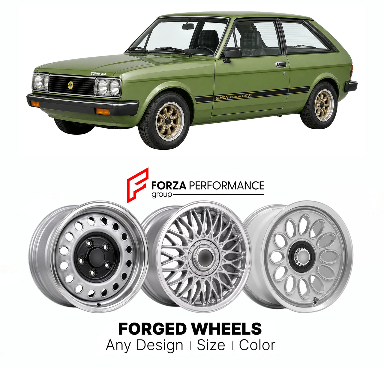 CUSTOM CLASSIC VINTAGE RESTOMOD RETRO OLD SCHOOL FORGED WHEELS RIMS for SIMCA SUNBEAM LOTUS 1979 - 1981

Custom forged wheels for Simca Sunbeam Lotus 1979 - 1981. Classic, vintage, restomod wheel designs made to order in custom sizes, offsets, colors and finishes.

We manufacture premium quality forged wheels rims for Simca Sunbeam Lotus 1979 - 1981 in any design, size, color.

THIS WHEEL DESIGN CAN BE CUSTOM-MADE FOR YOUR CAR IN ANY SIZE AND COLOR OPTIONS
Available in monoblock, 2-piece, 3-piece, duoblock,